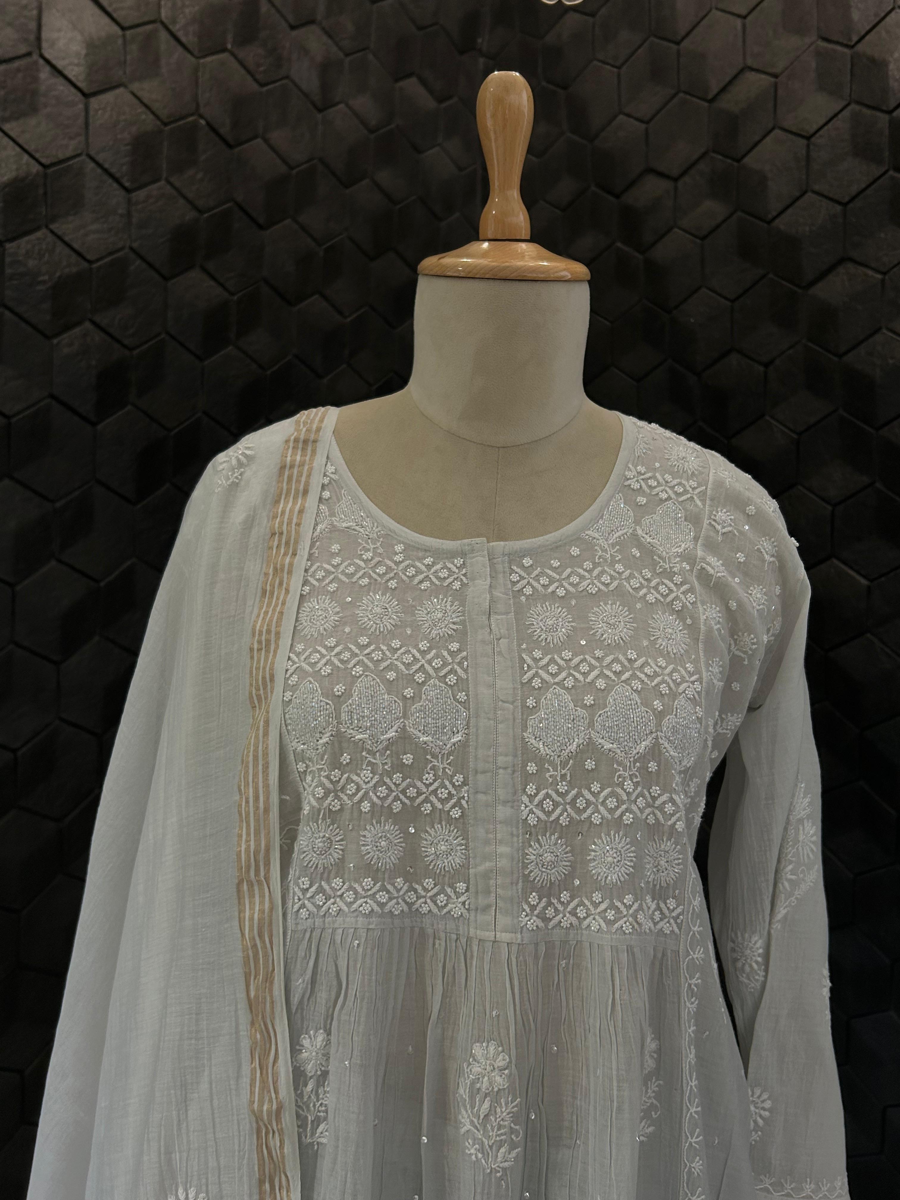 Grey Mul Chanderi Chikankari Sharara Set