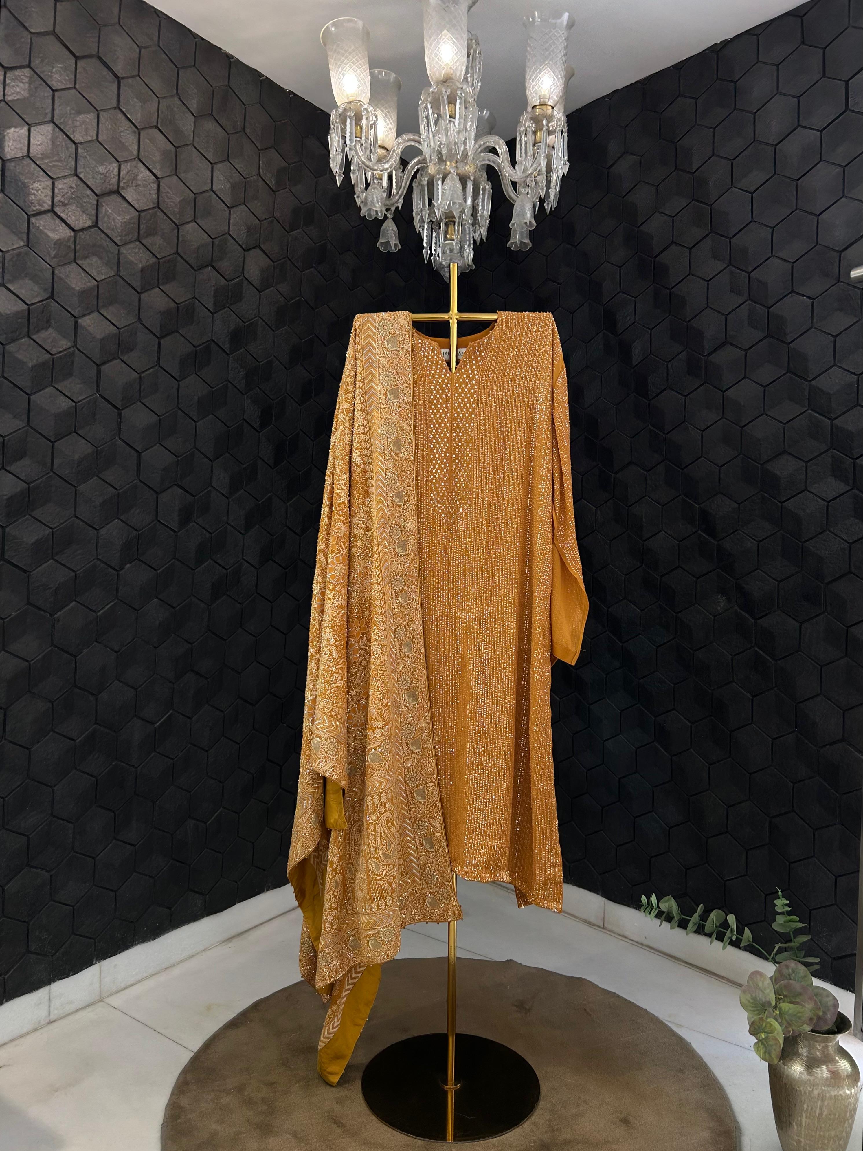 Premium Mustard Georgette Chikankari Heavy Dupatta Kurta Set