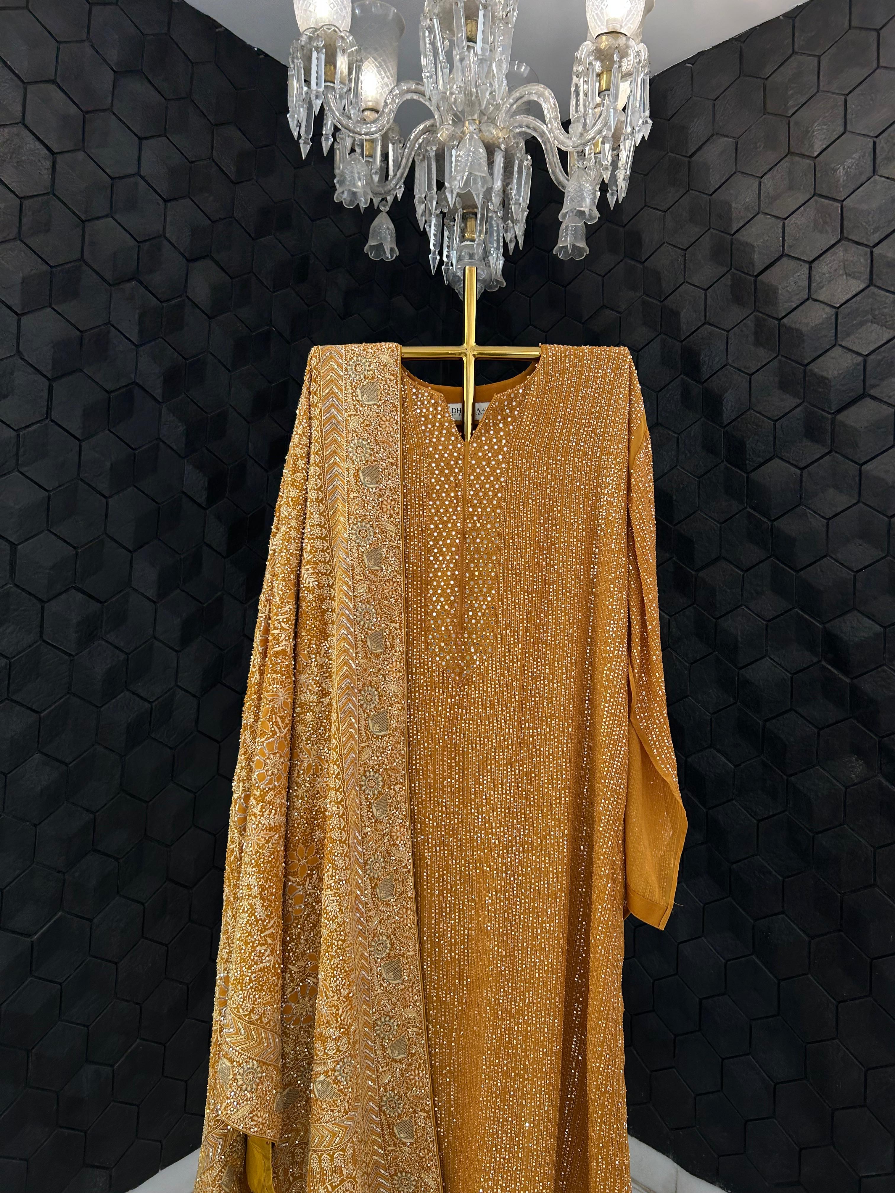 Premium Mustard Georgette Chikankari Heavy Dupatta Kurta Set