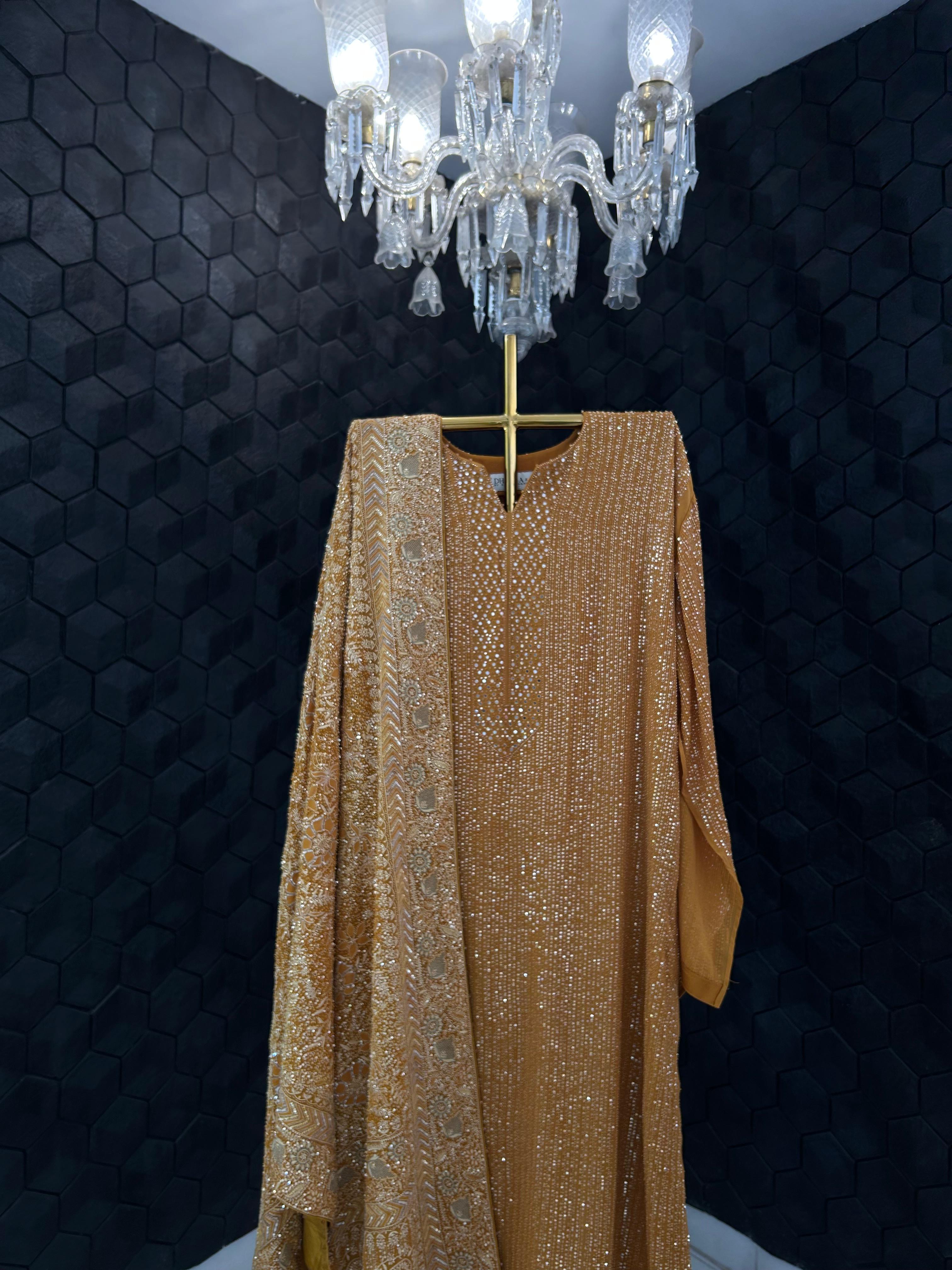 Premium Mustard Georgette Chikankari Heavy Dupatta Kurta Set