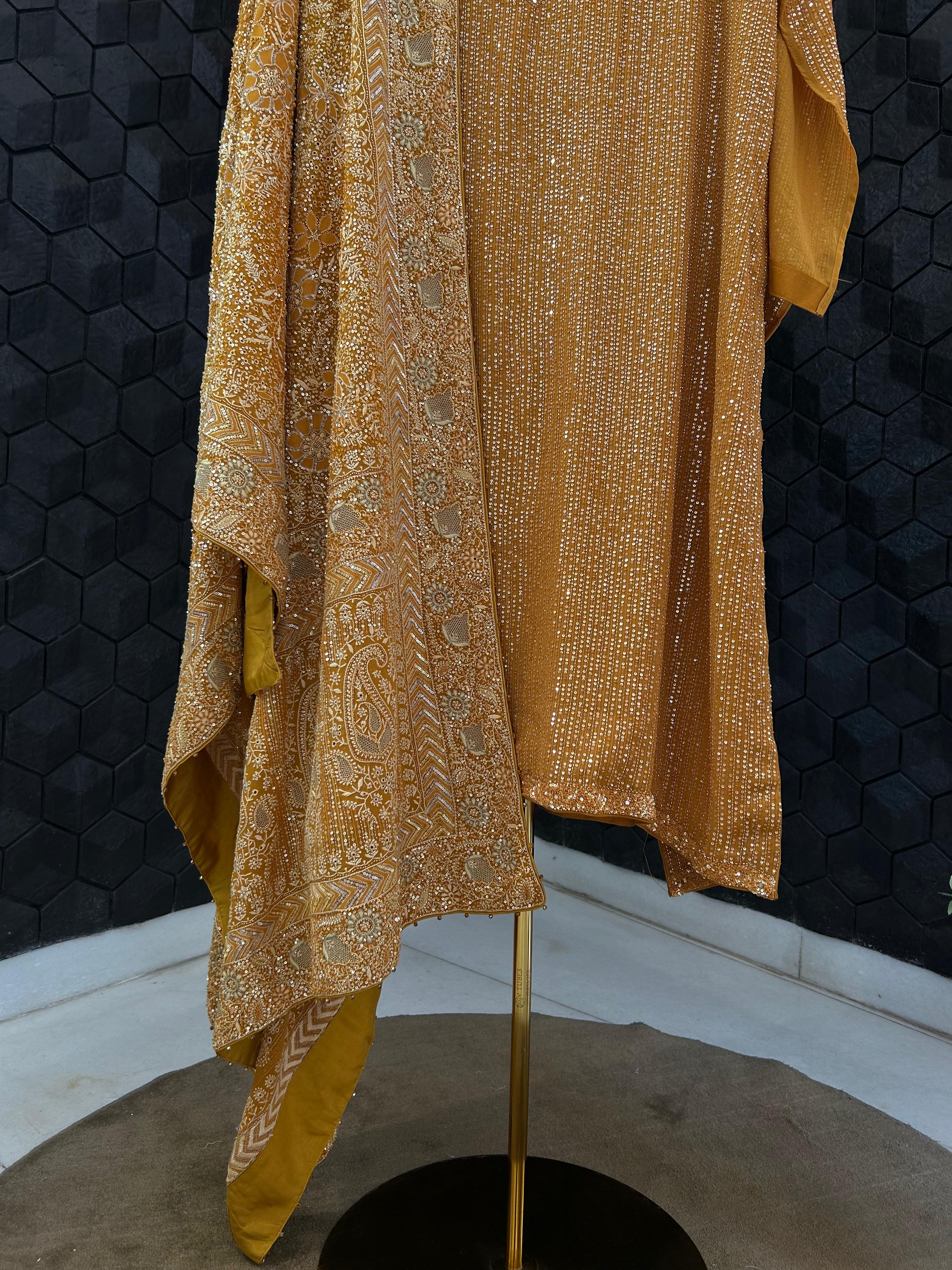 Premium Mustard Georgette Chikankari Heavy Dupatta Kurta Set
