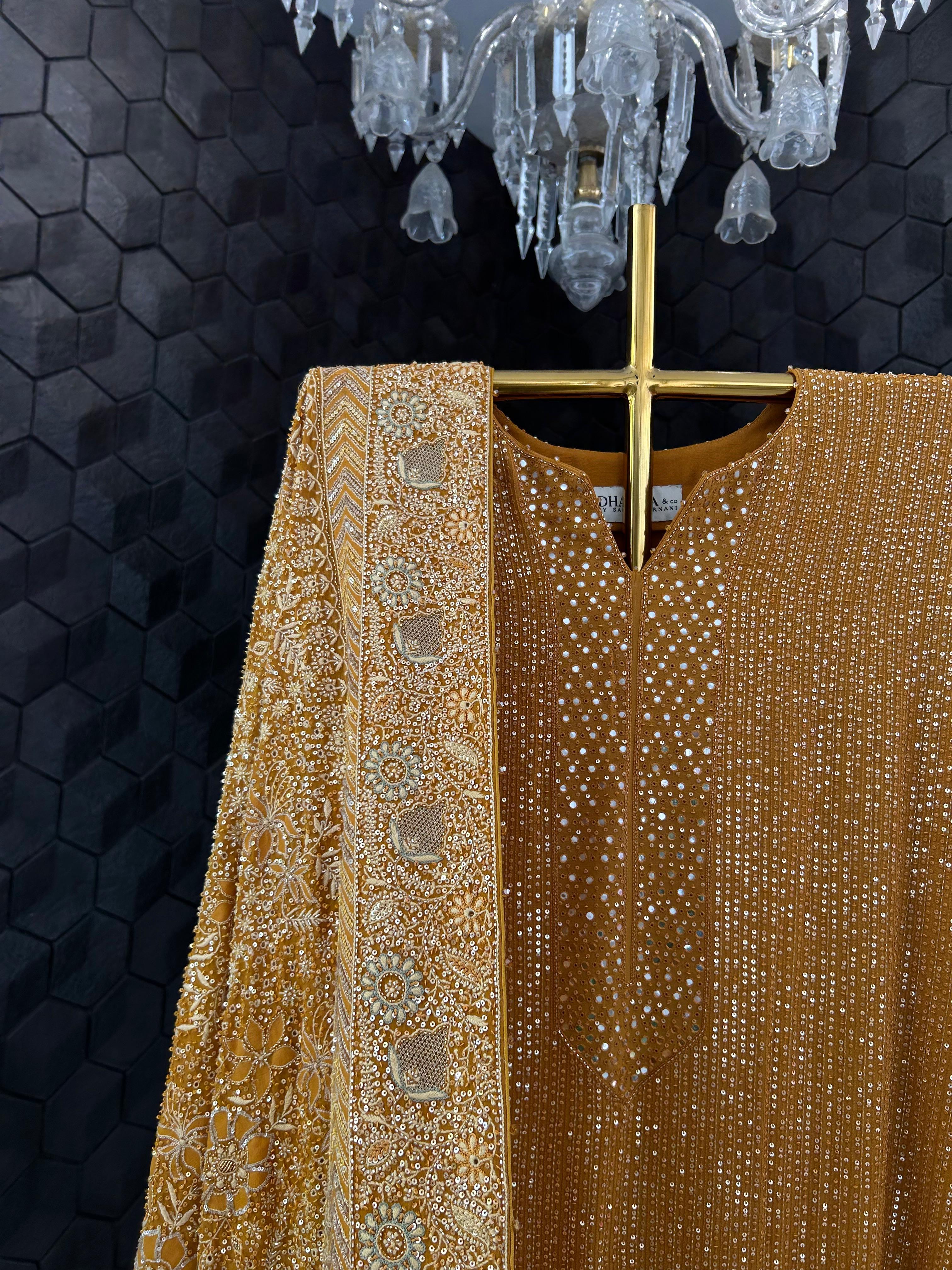 Premium Mustard Georgette Chikankari Heavy Dupatta Kurta Set