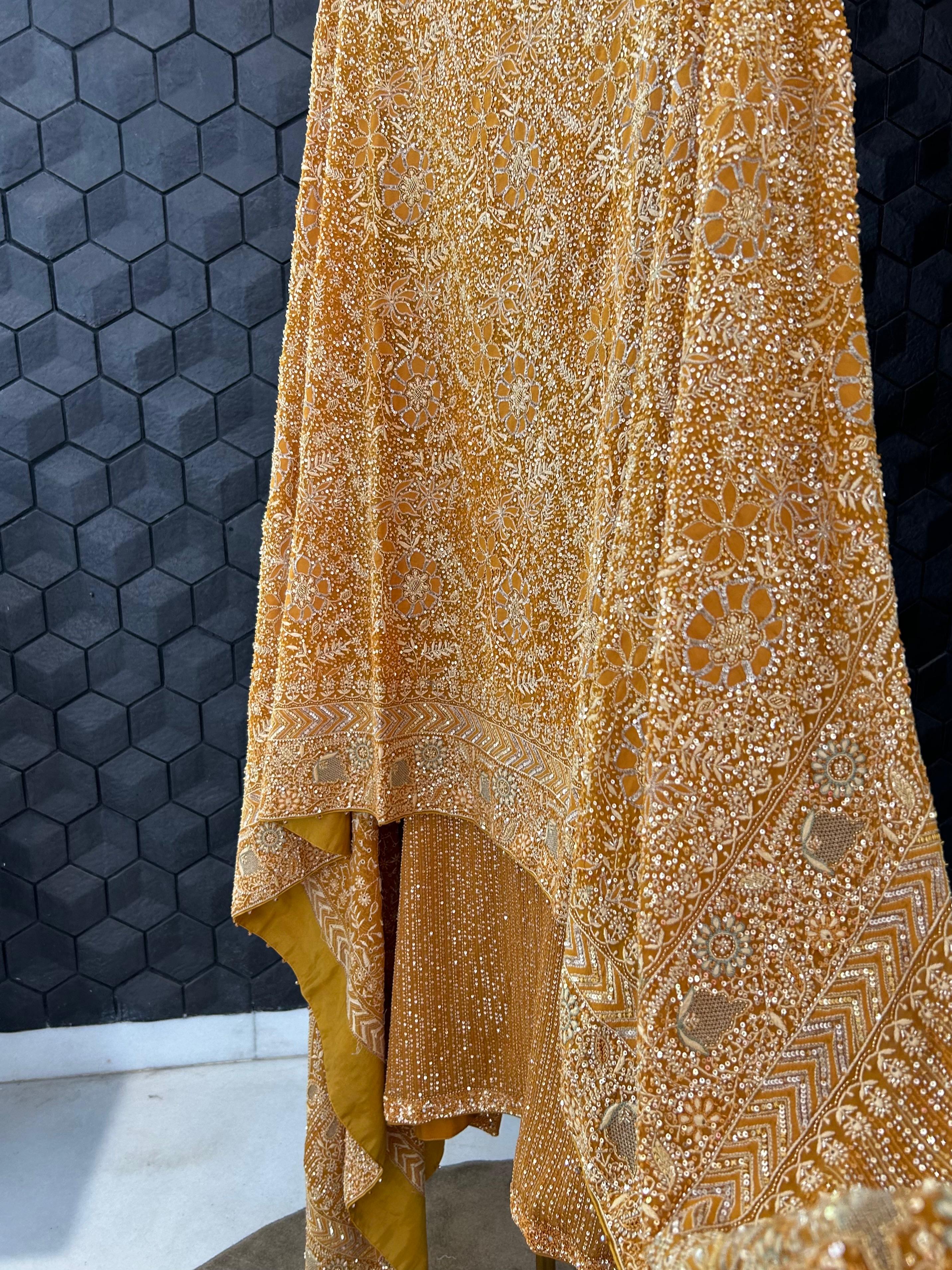 Premium Mustard Georgette Chikankari Heavy Dupatta Kurta Set