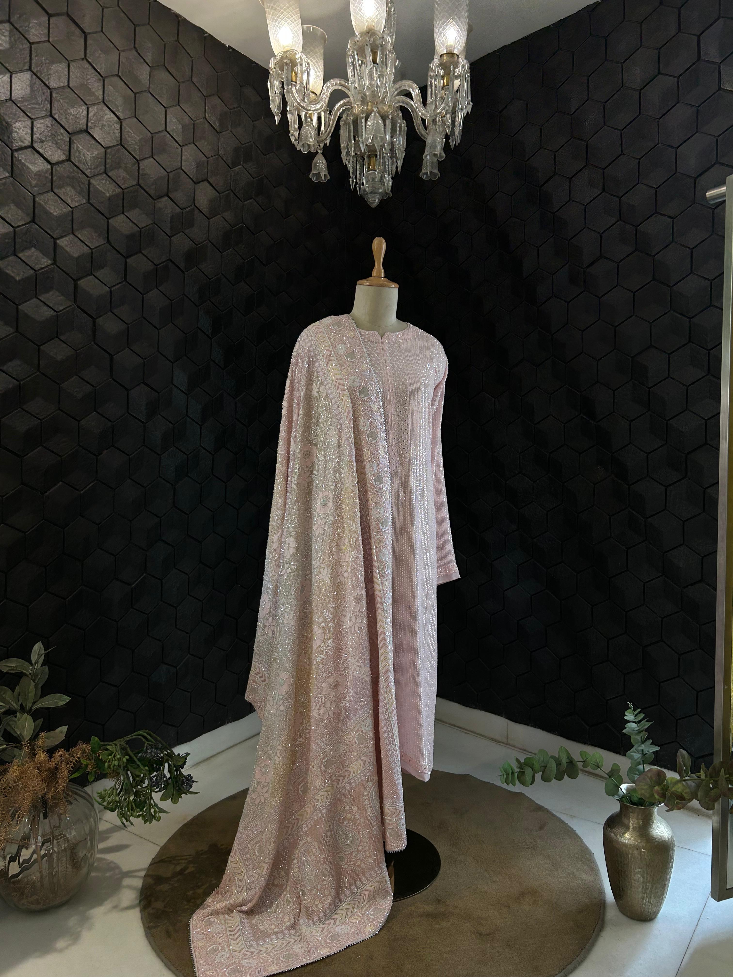 Premium Pink Georgette Chikankari Heavy Dupatta Kurta Set