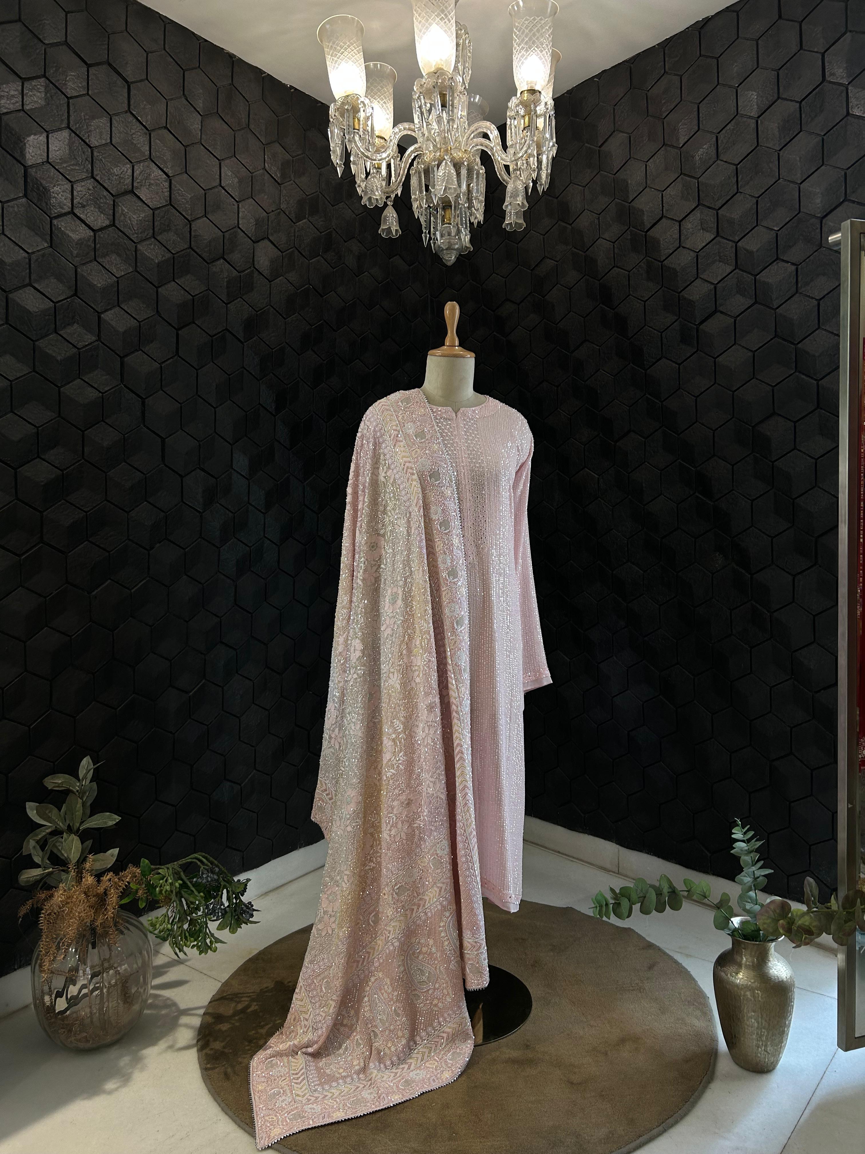 Premium Pink Georgette Chikankari Heavy Dupatta Kurta Set