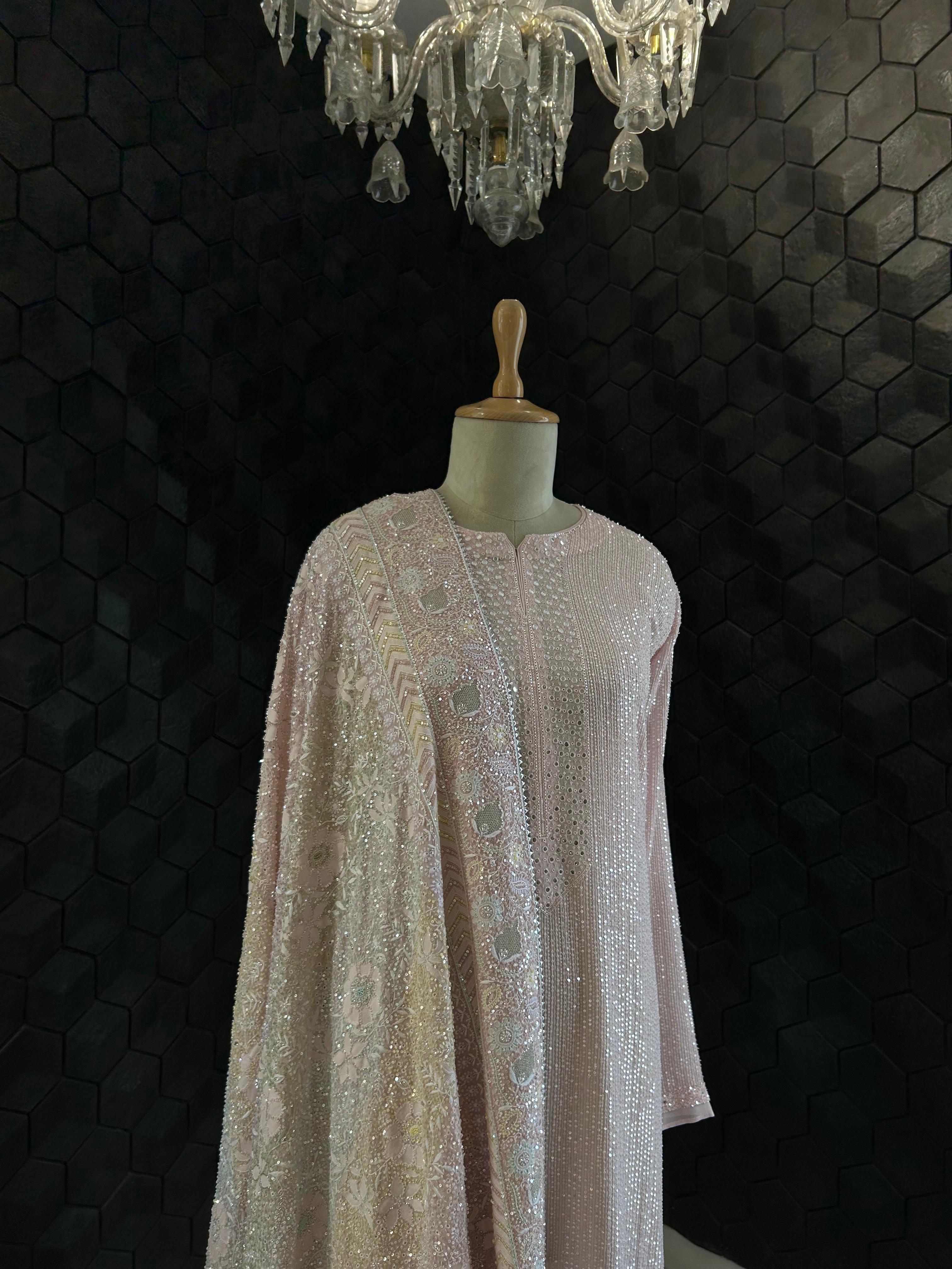 Premium Pink Georgette Chikankari Heavy Dupatta Kurta Set