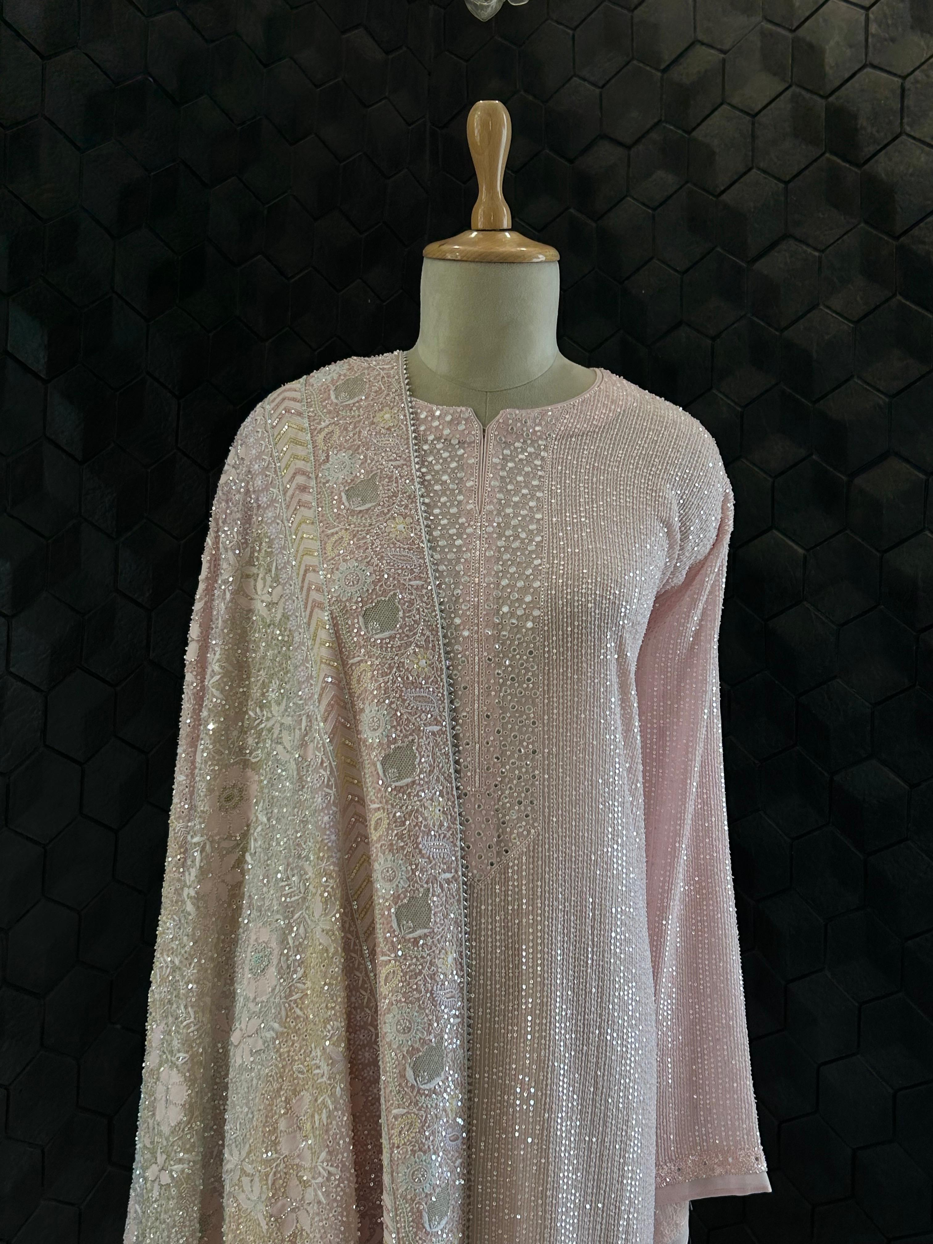 Premium Pink Georgette Chikankari Heavy Dupatta Kurta Set