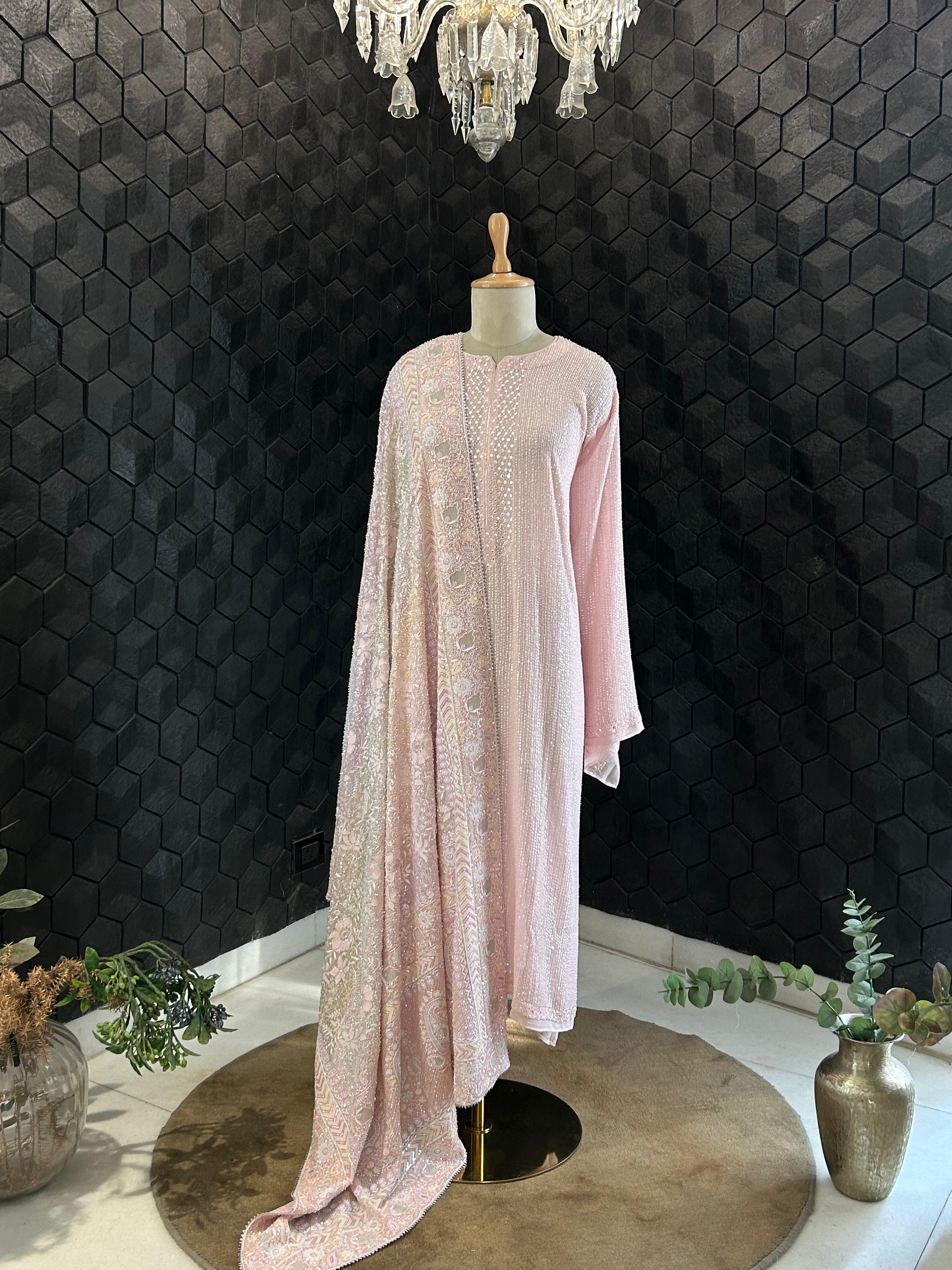 Premium Pink Georgette Chikankari Heavy Dupatta Kurta Set