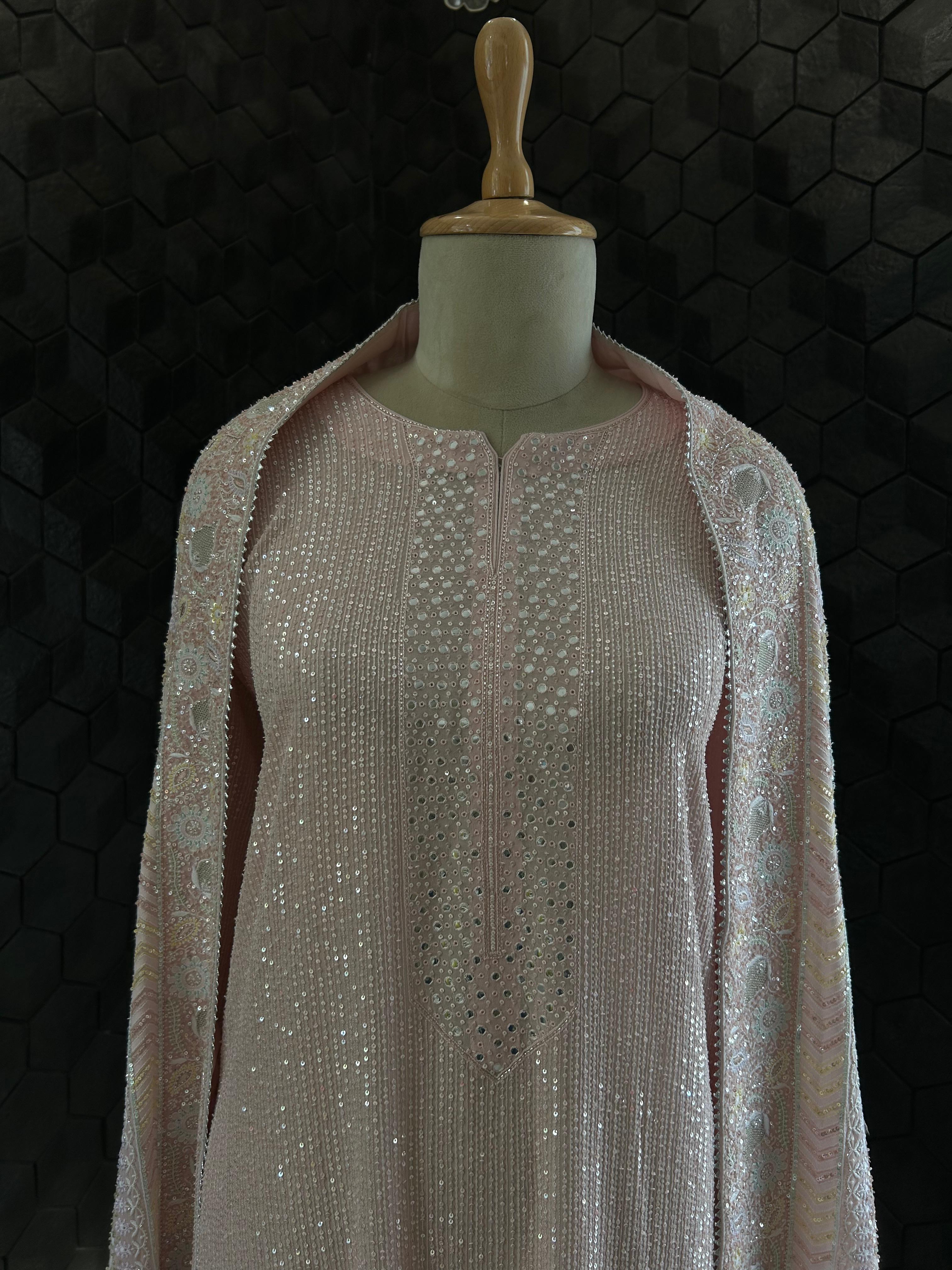 Premium Pink Georgette Chikankari Heavy Dupatta Kurta Set