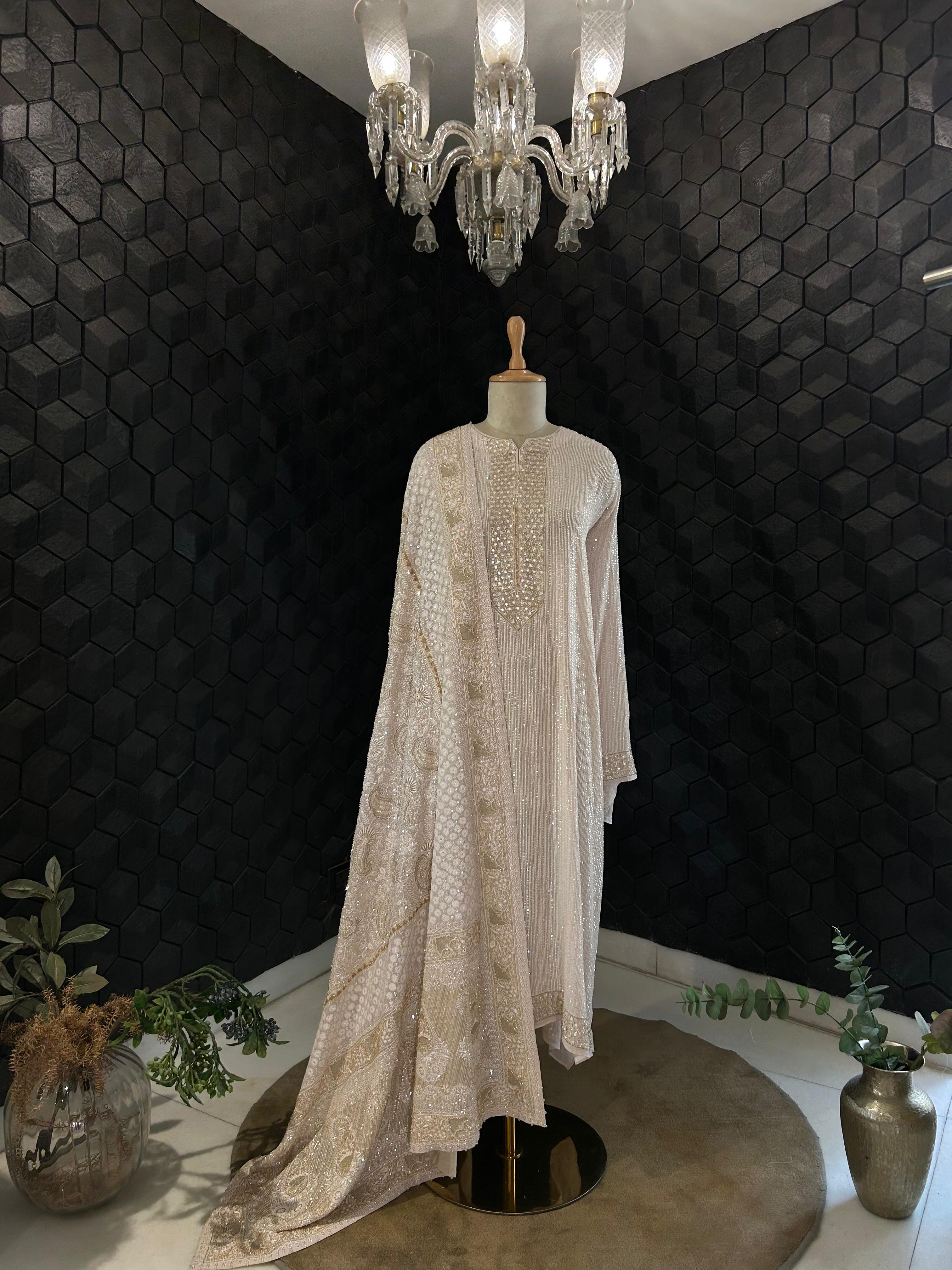 Premium Beige Georgette Chikankari Heavy Dupatta Kurta Set