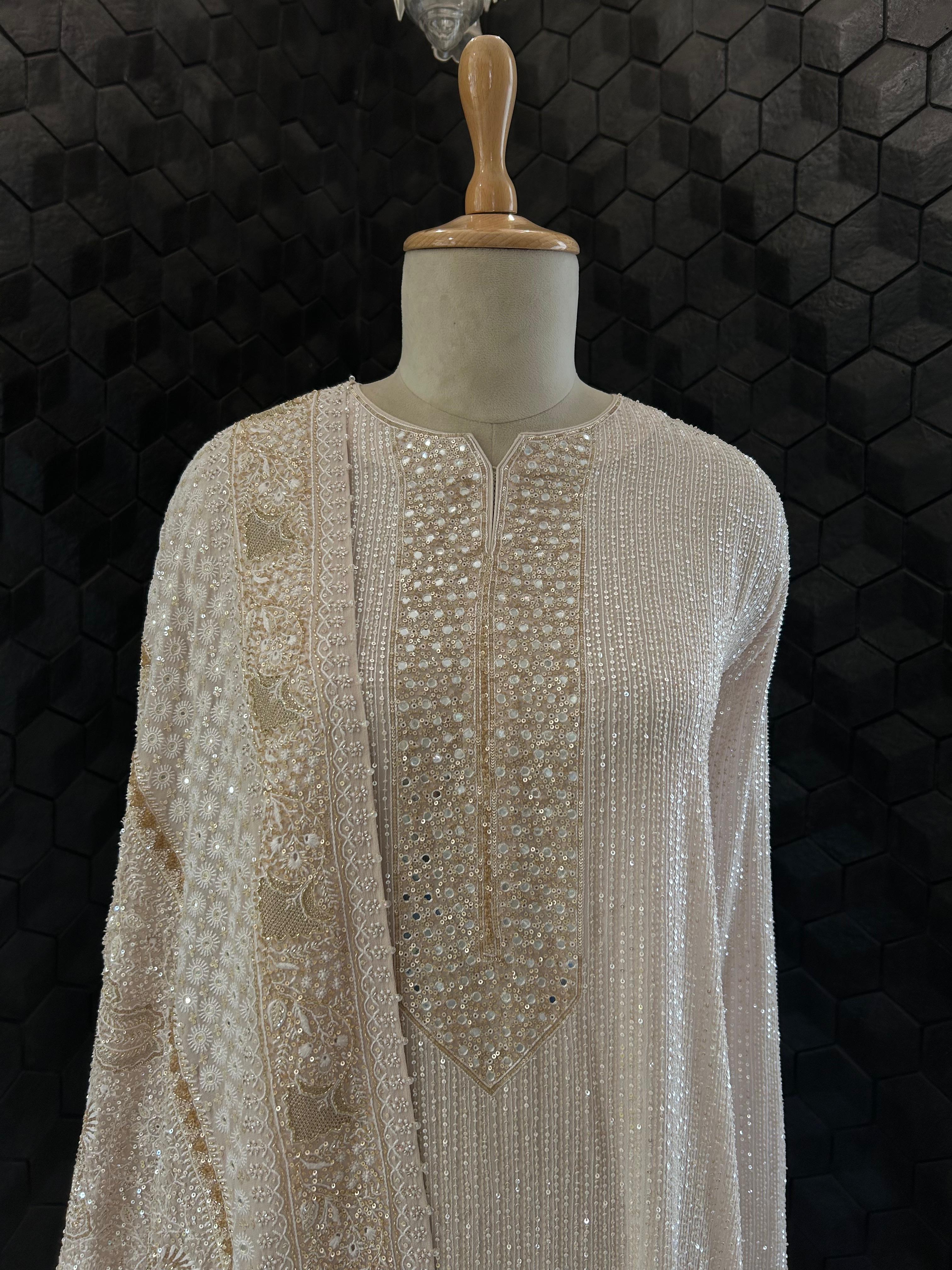 Premium Beige Georgette Chikankari Heavy Dupatta Kurta Set