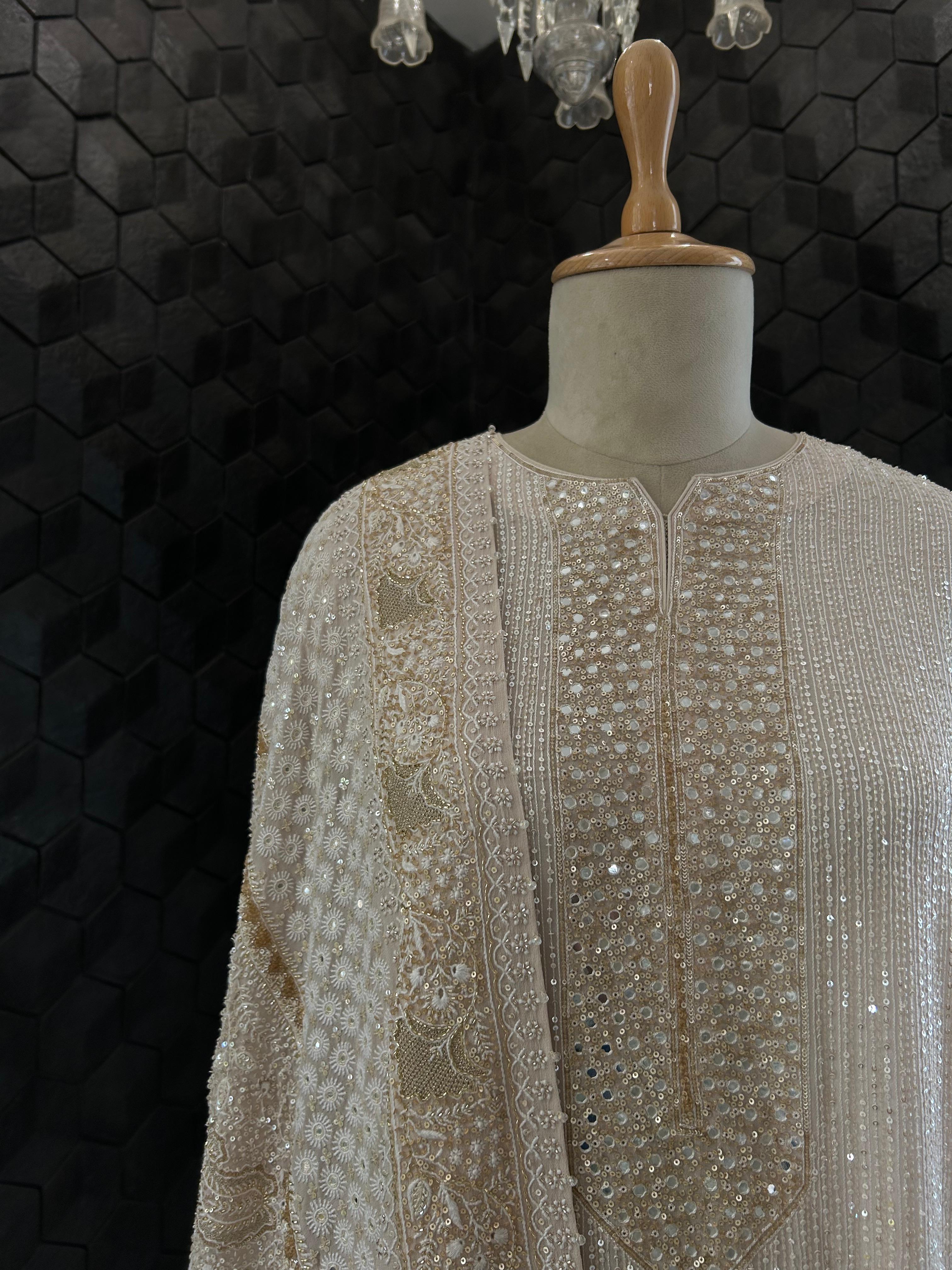 Premium Beige Georgette Chikankari Heavy Dupatta Kurta Set