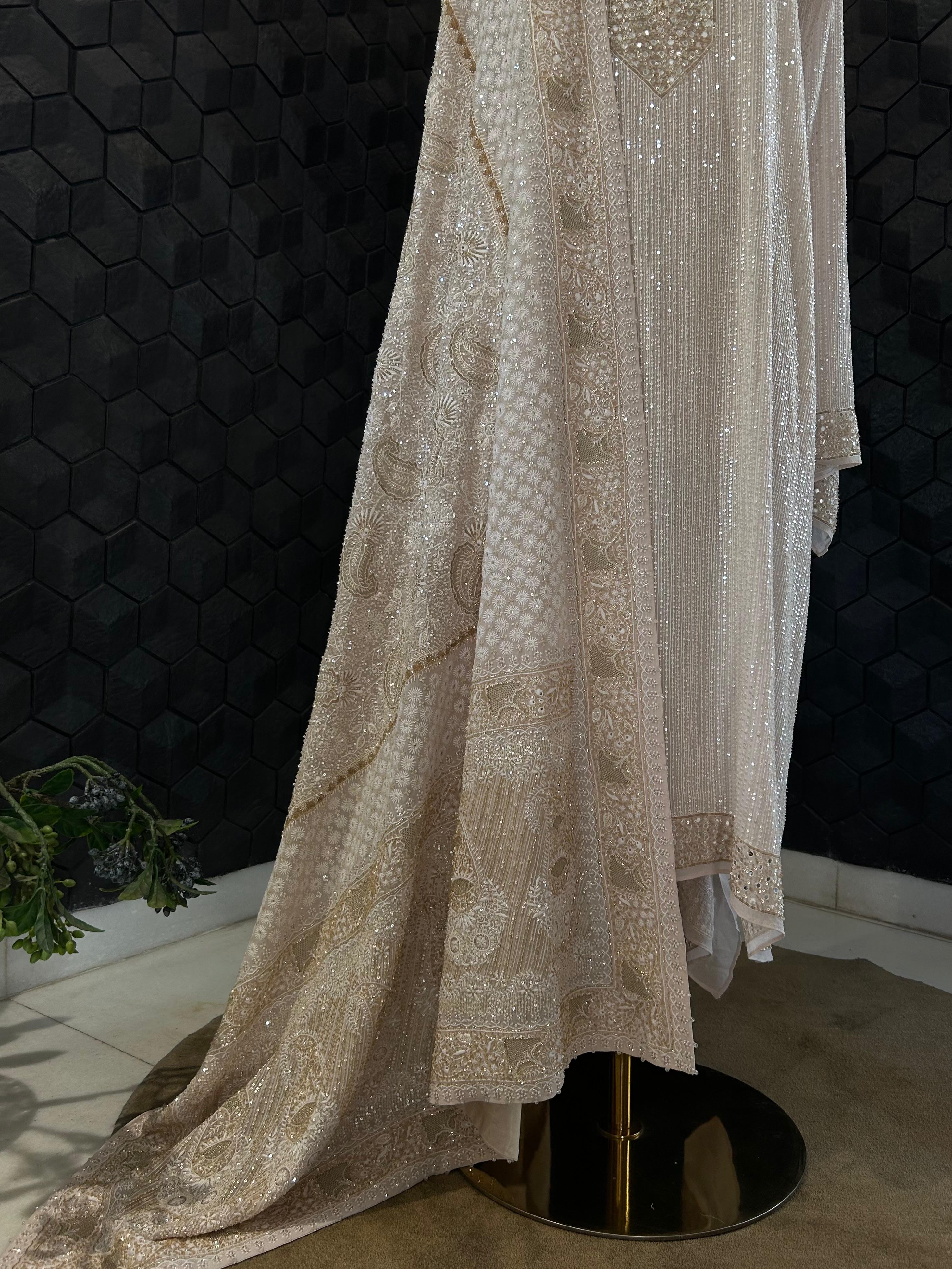 Premium Beige Georgette Chikankari Heavy Dupatta Kurta Set