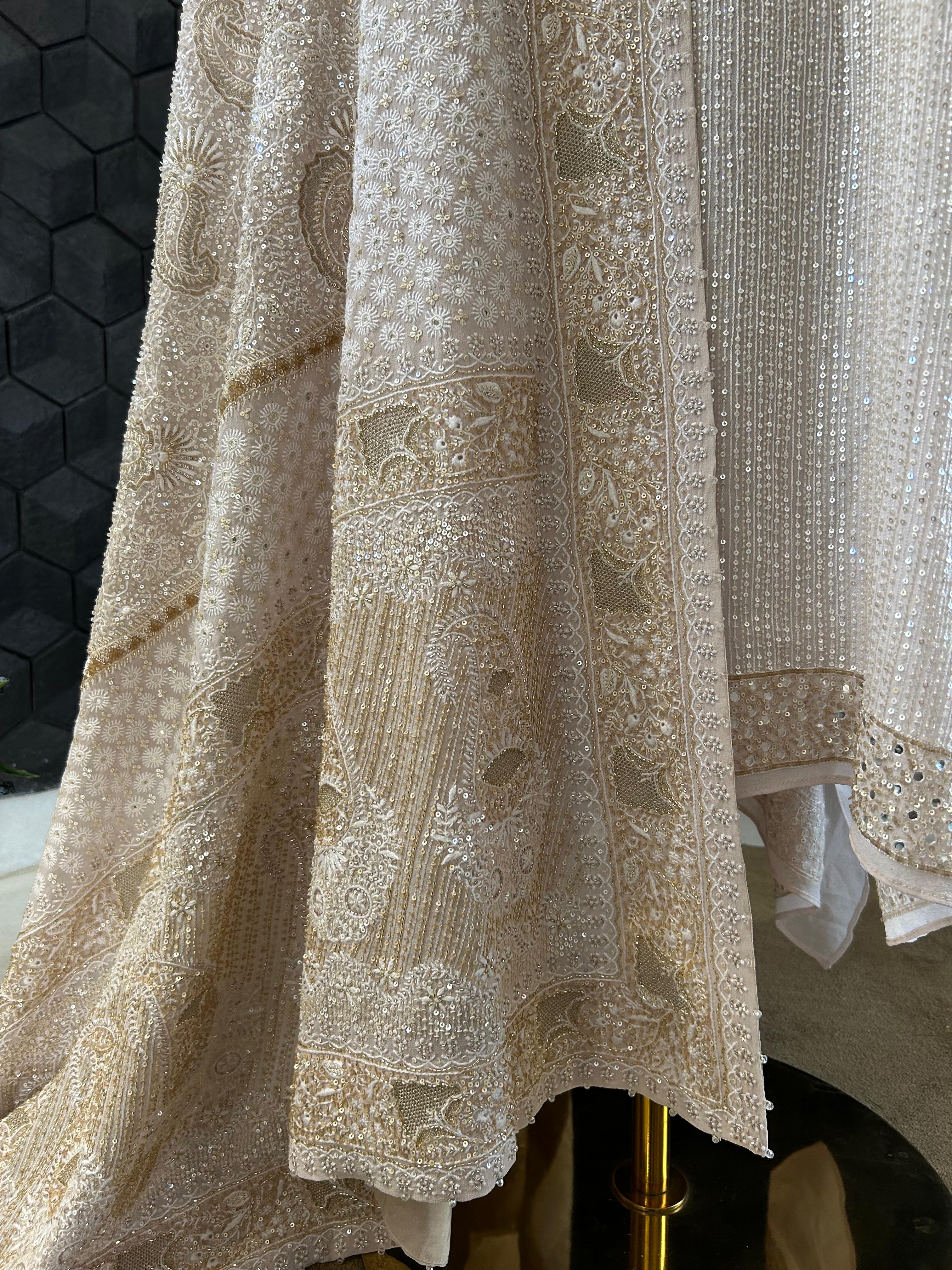 Premium Beige Georgette Chikankari Heavy Dupatta Kurta Set