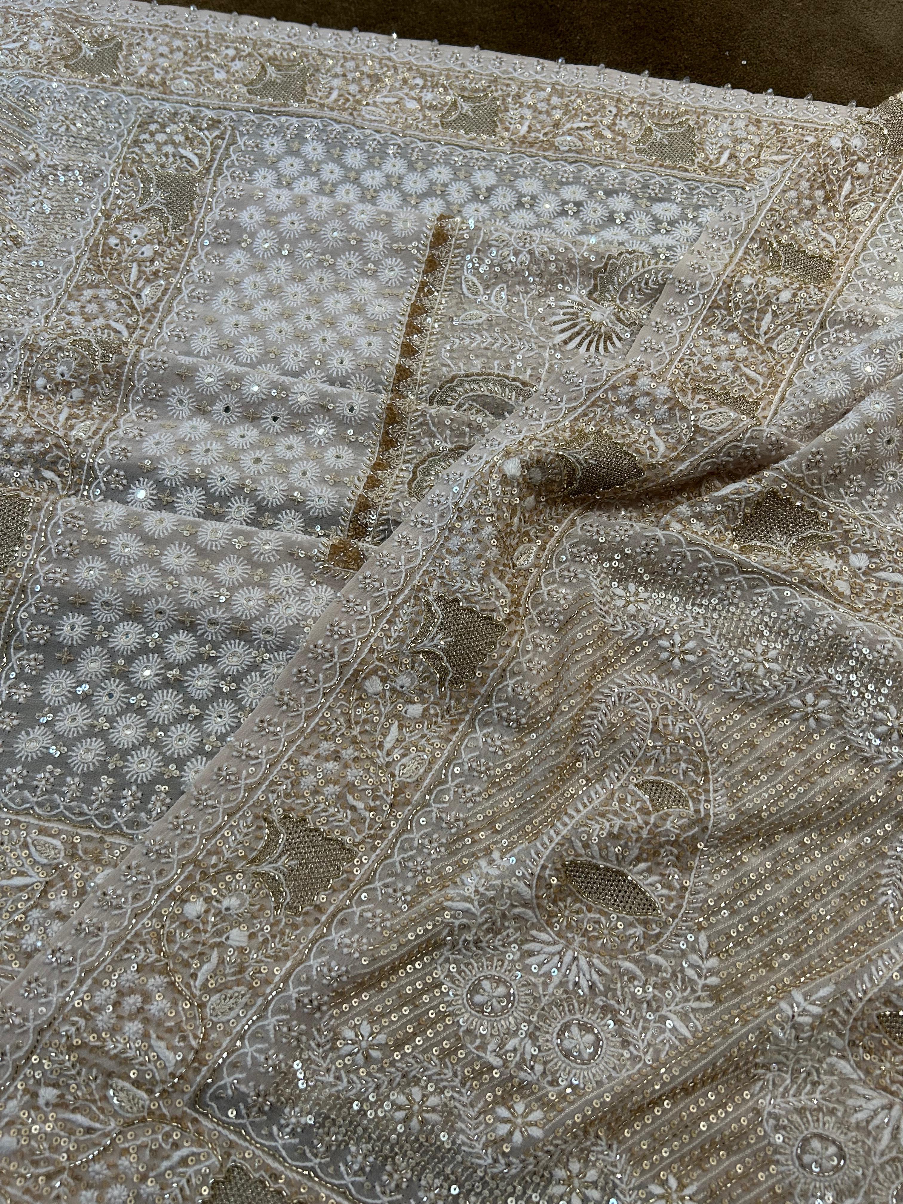 Premium Beige Georgette Chikankari Heavy Dupatta Kurta Set