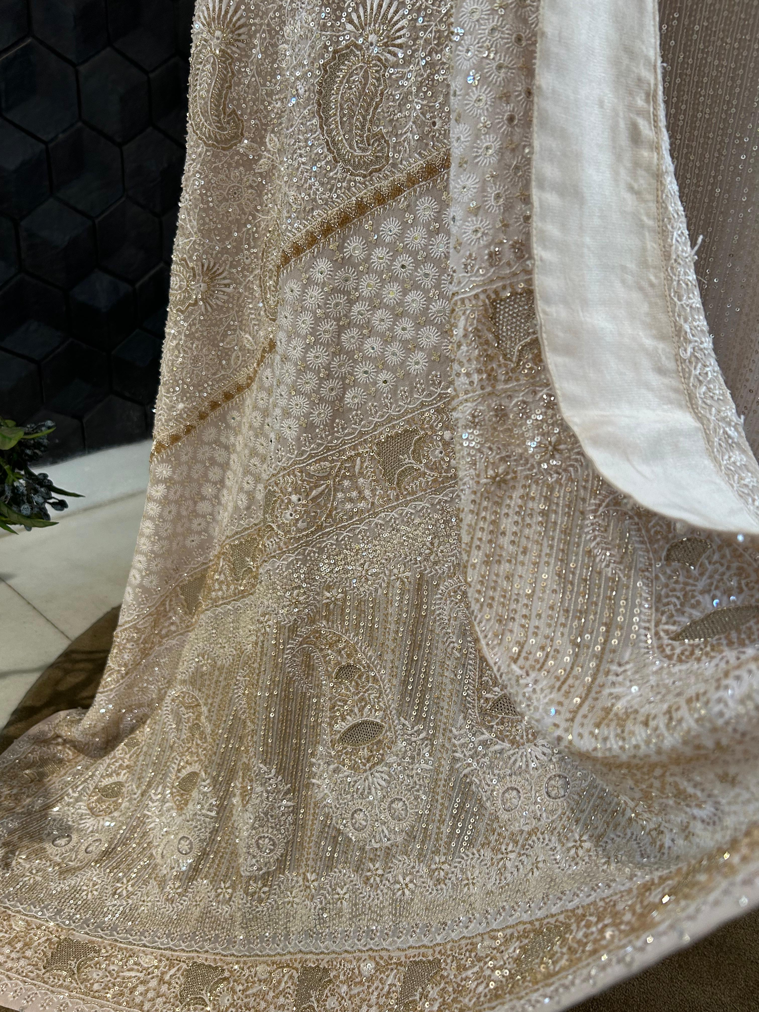 Premium Beige Georgette Chikankari Heavy Dupatta Kurta Set