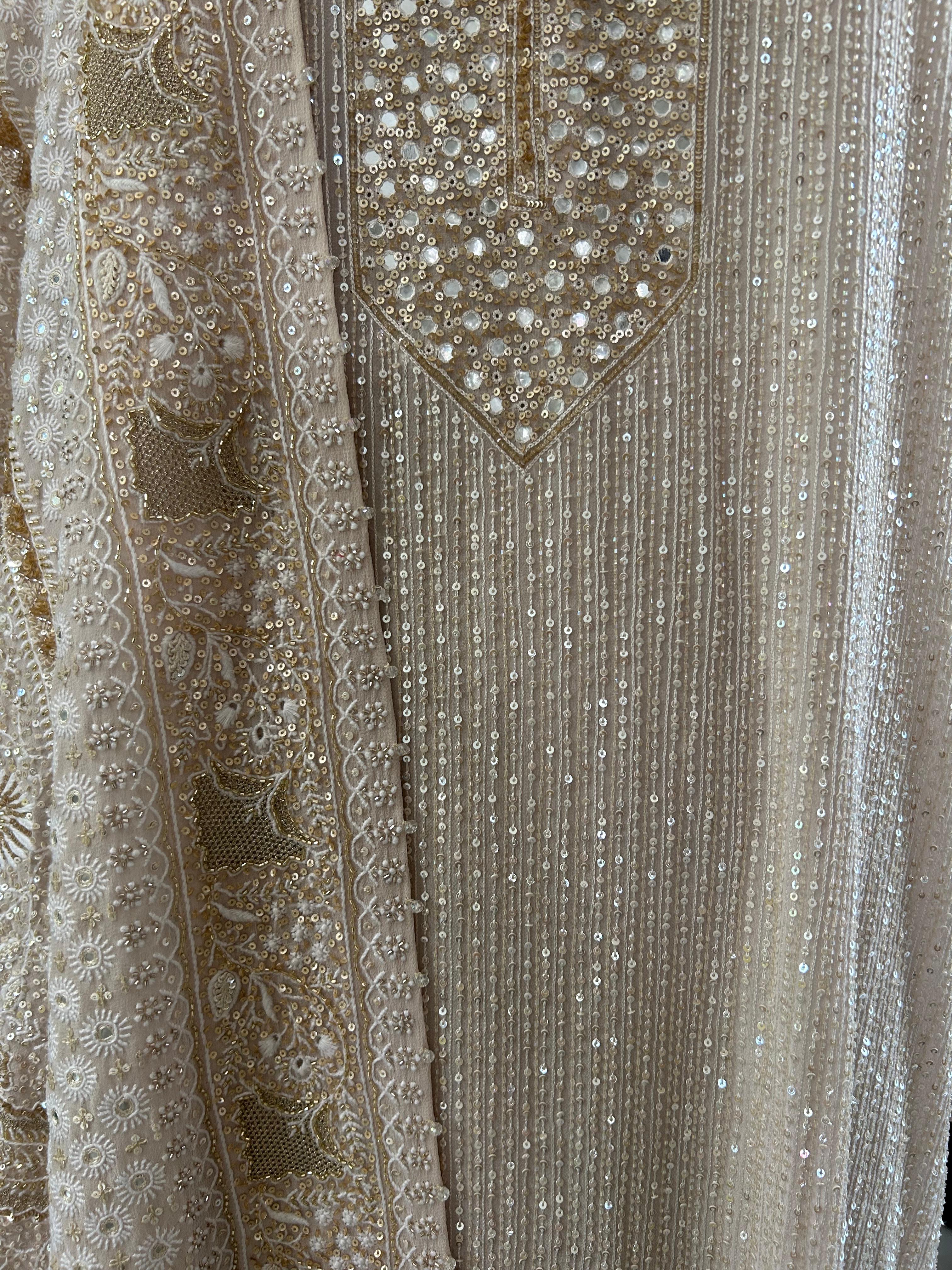 Premium Beige Georgette Chikankari Heavy Dupatta Kurta Set