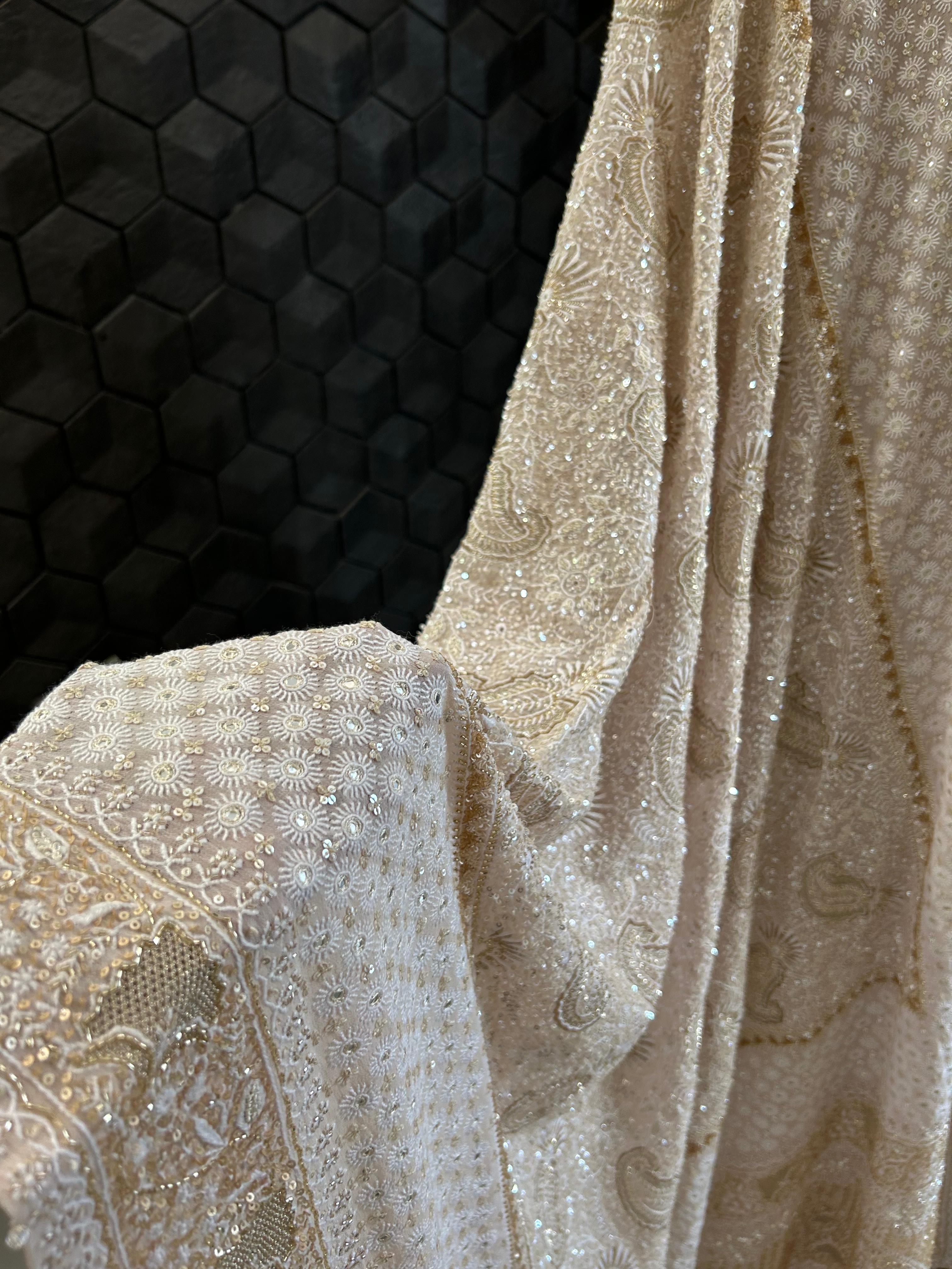 Premium Beige Georgette Chikankari Heavy Dupatta Kurta Set