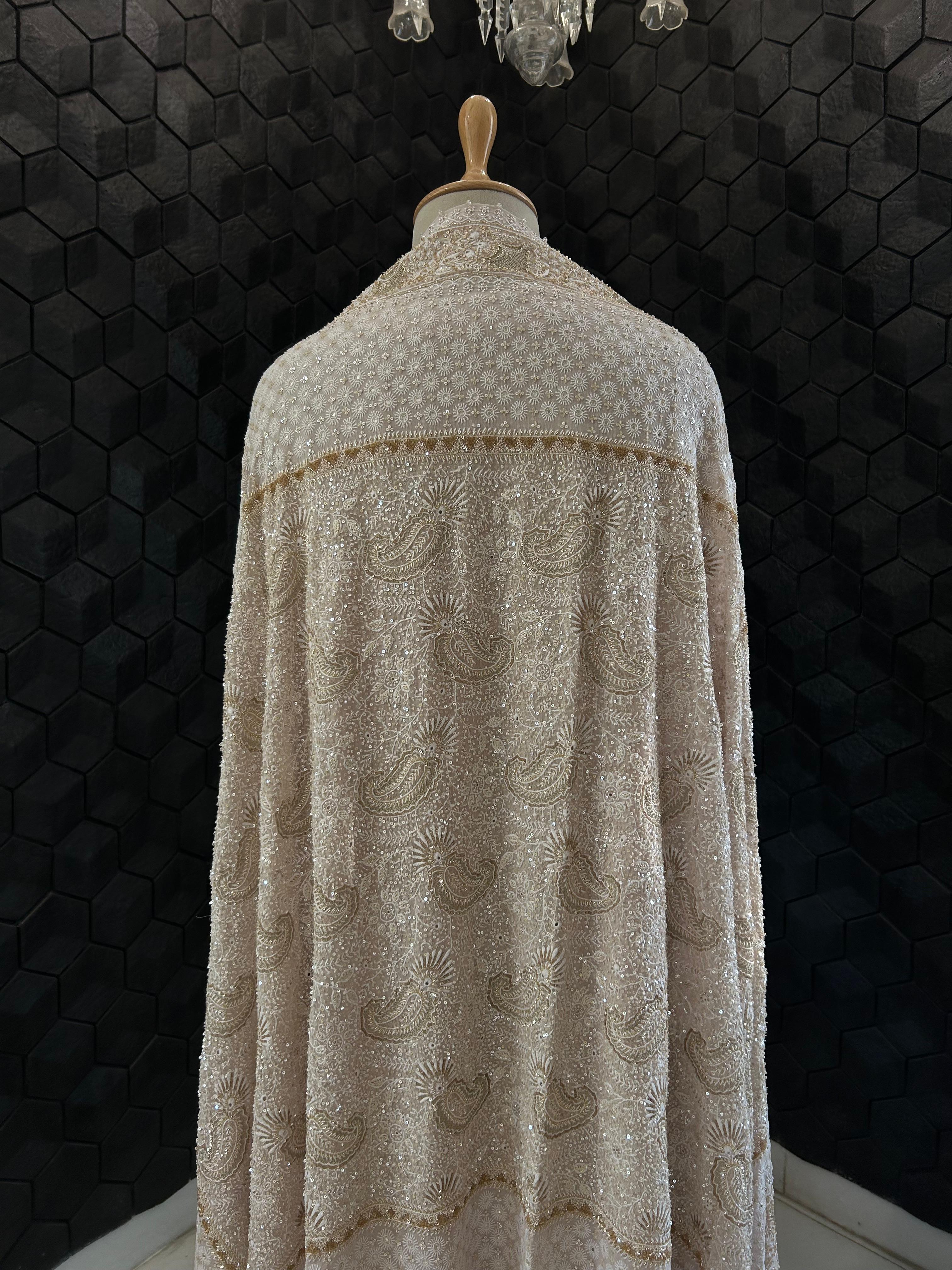 Premium Beige Georgette Chikankari Heavy Dupatta Kurta Set