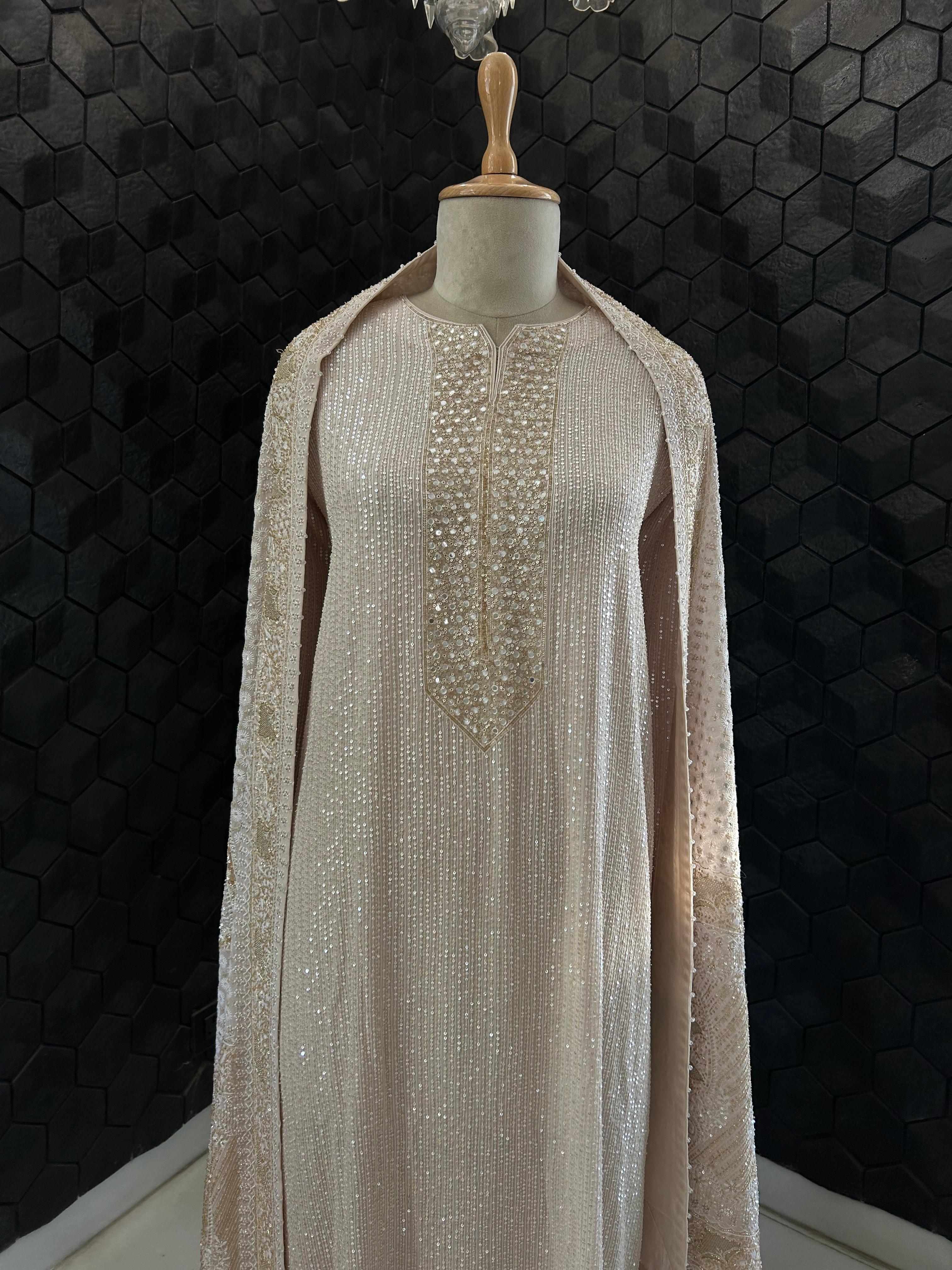 Premium Beige Georgette Chikankari Heavy Dupatta Kurta Set