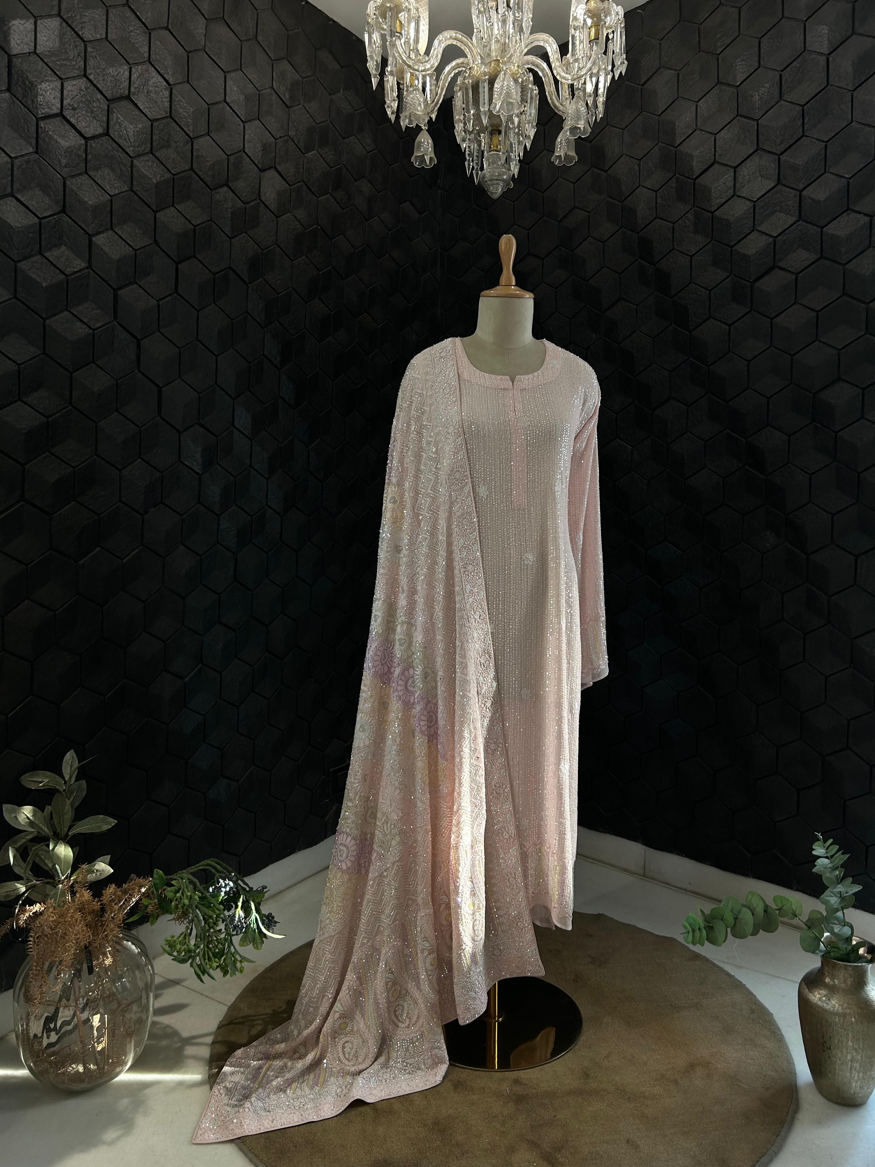Premium Pink Georgette Chikankari Heavy Dupatta Kurta Set