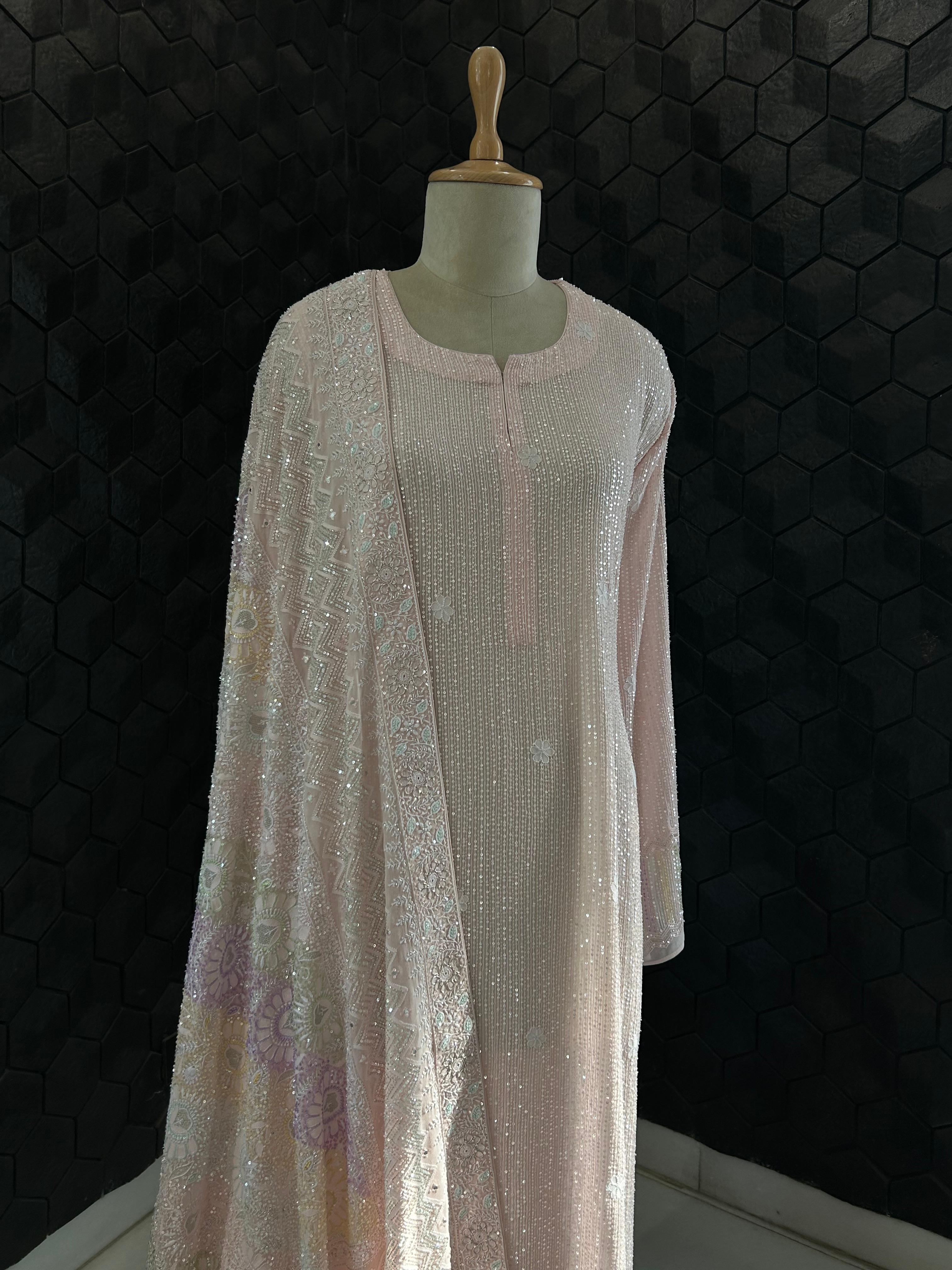 Premium Pink Georgette Chikankari Heavy Dupatta Kurta Set