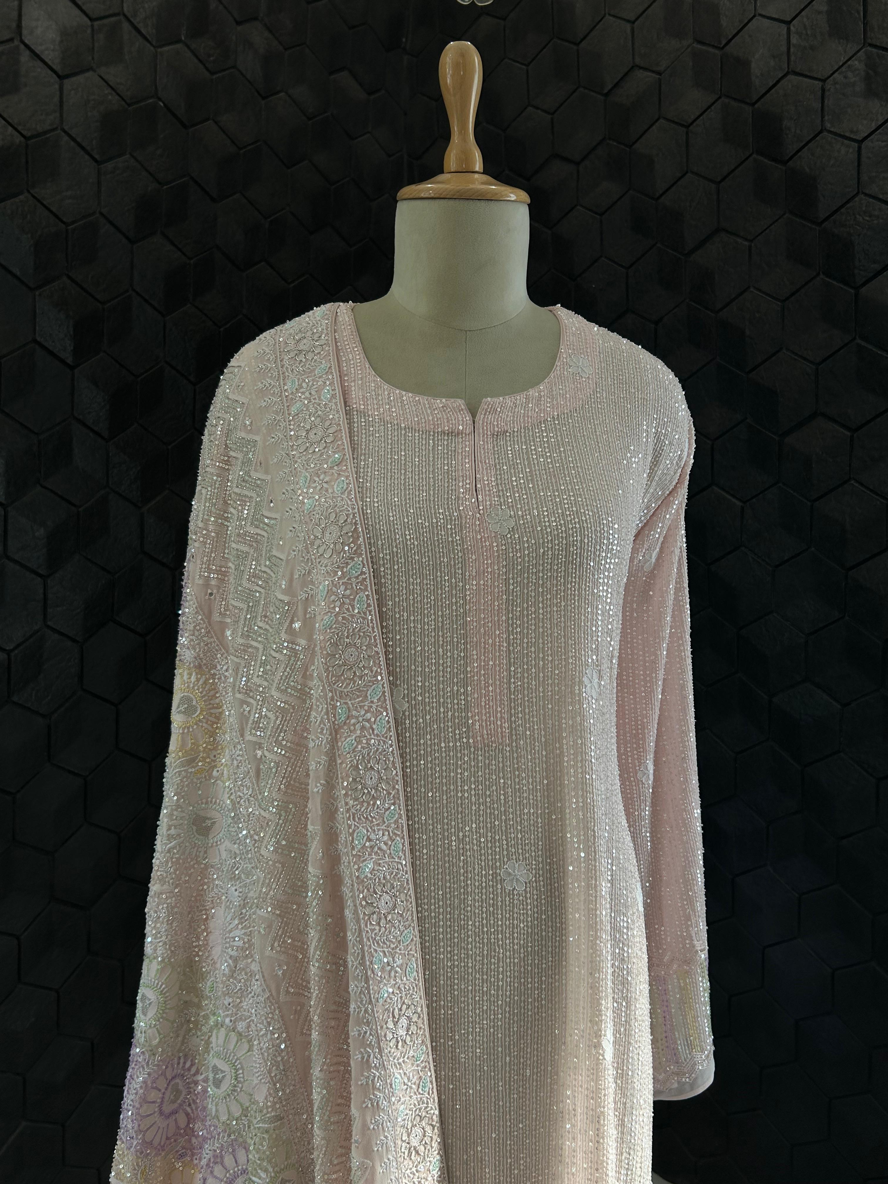 Premium Pink Georgette Chikankari Heavy Dupatta Kurta Set