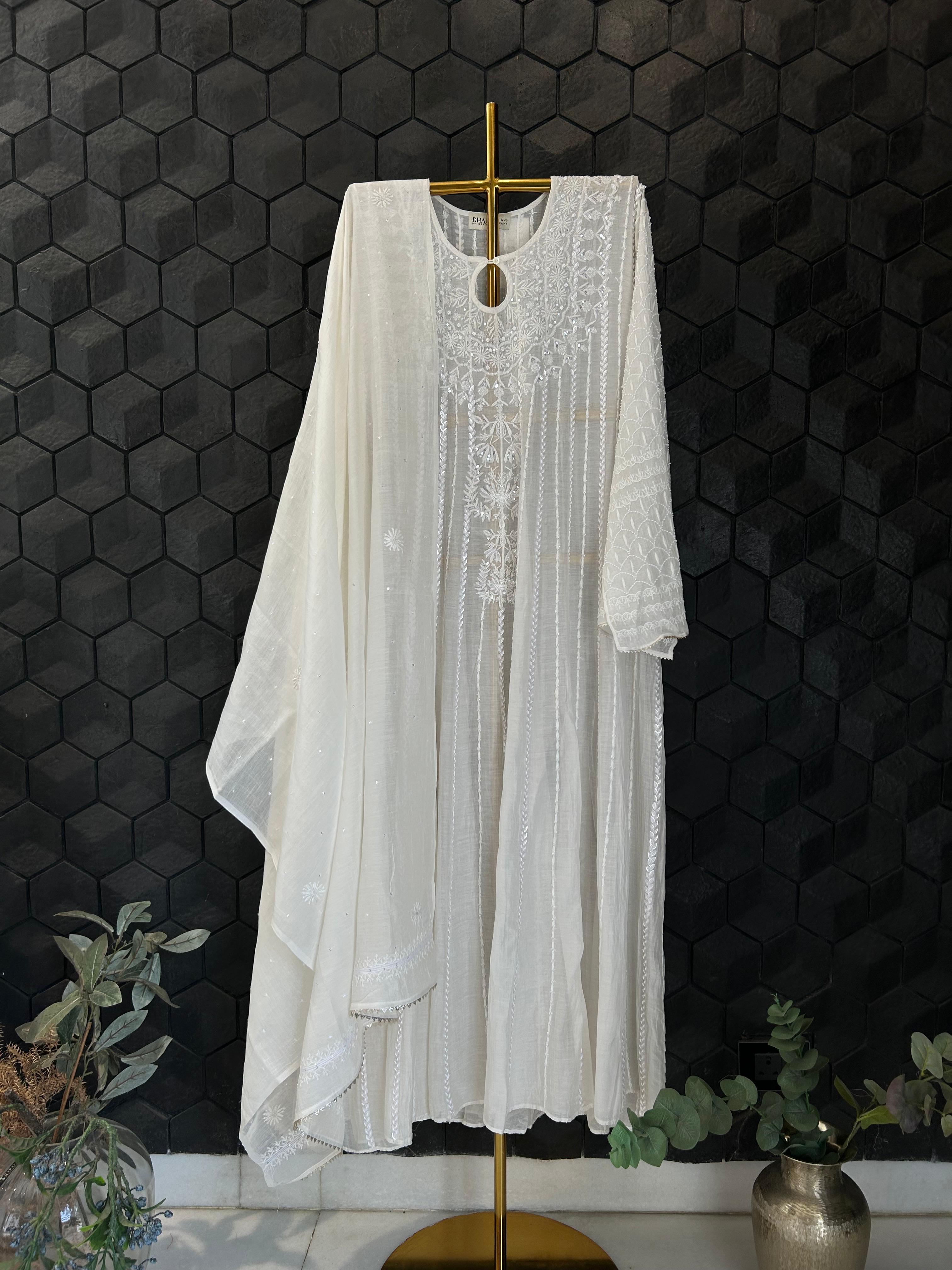 White Mul Chanderi Chikankari Anarakli Set