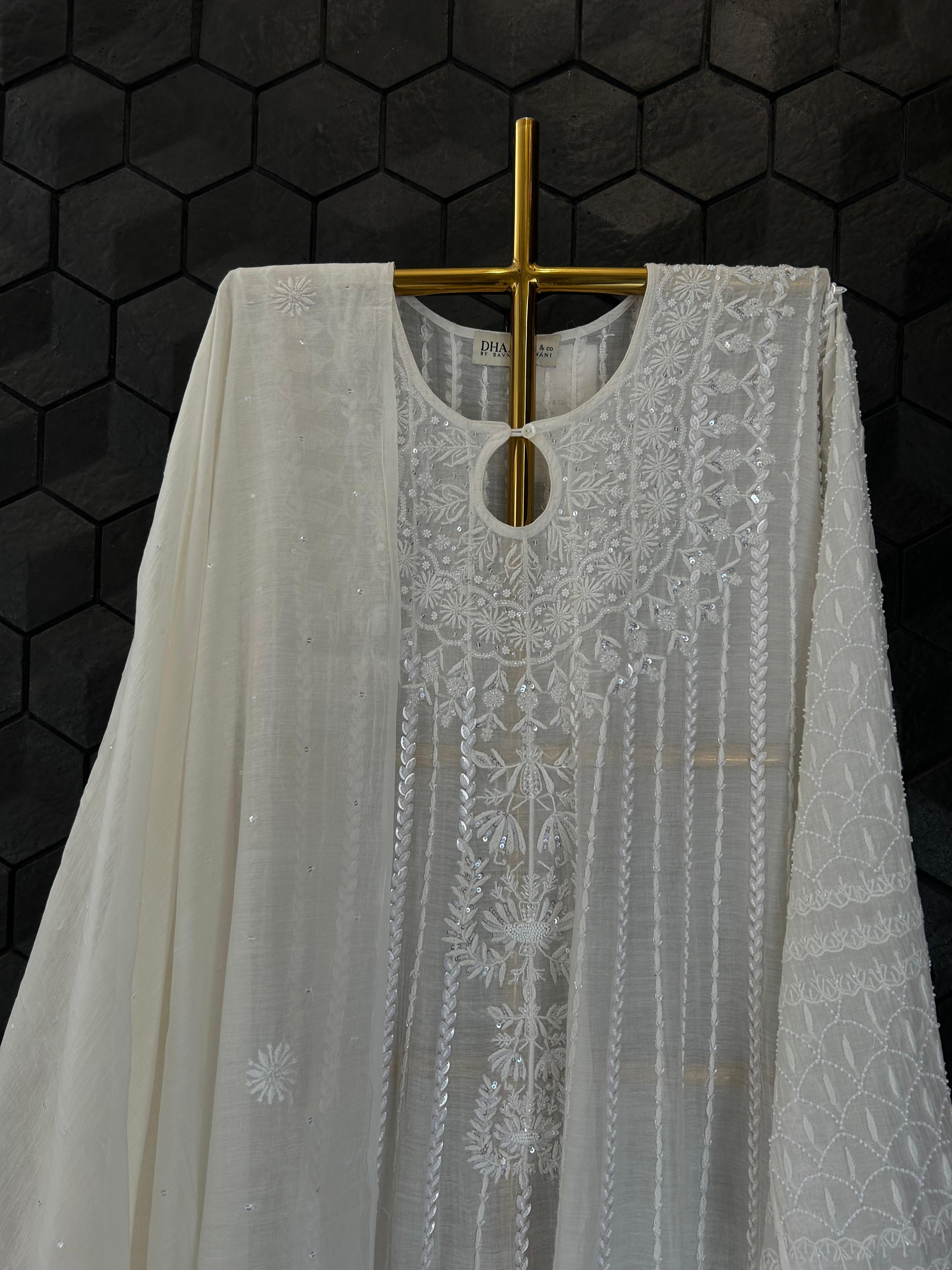White Mul Chanderi Chikankari Anarakli Set
