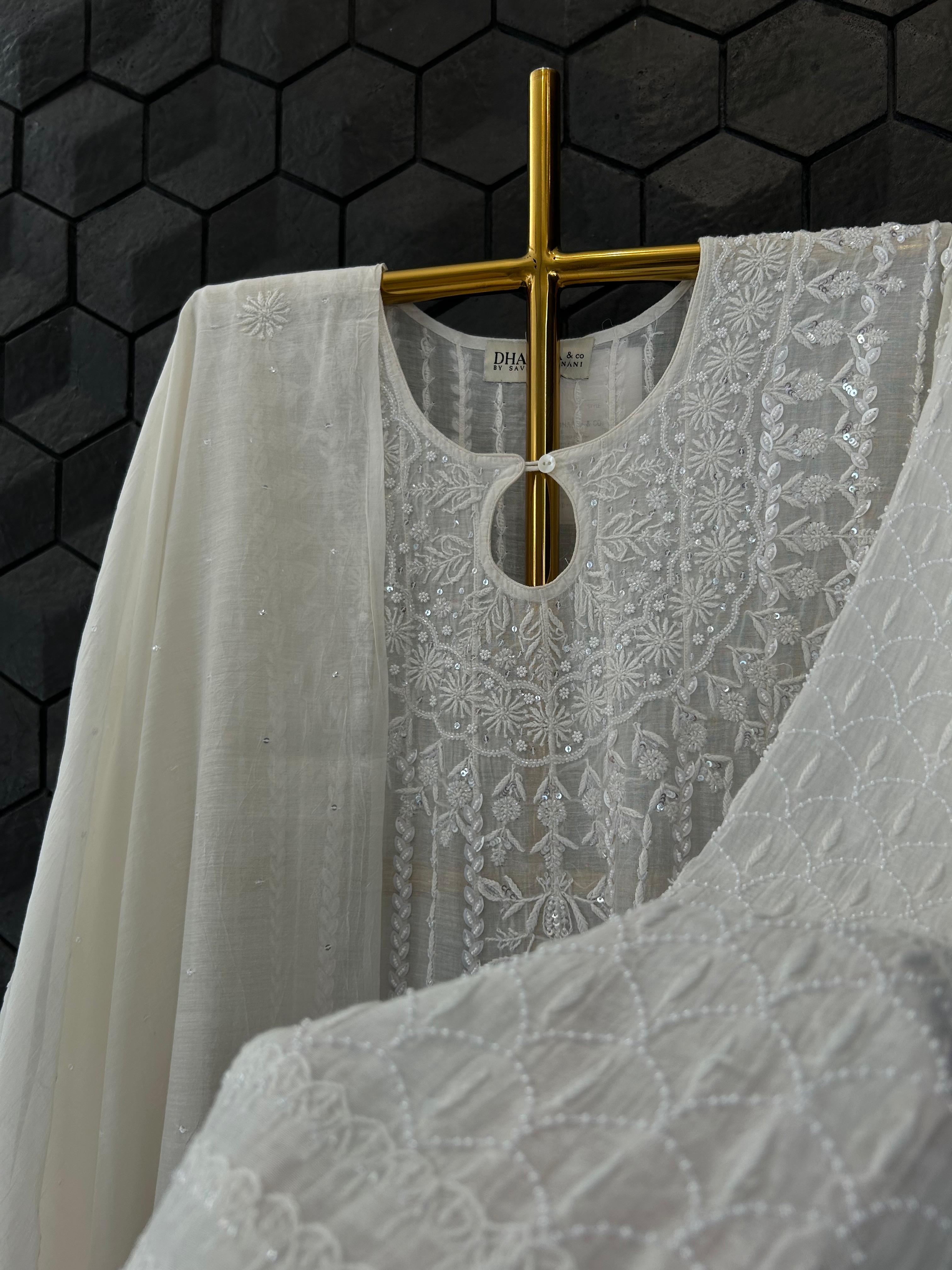 White Mul Chanderi Chikankari Anarakli Set