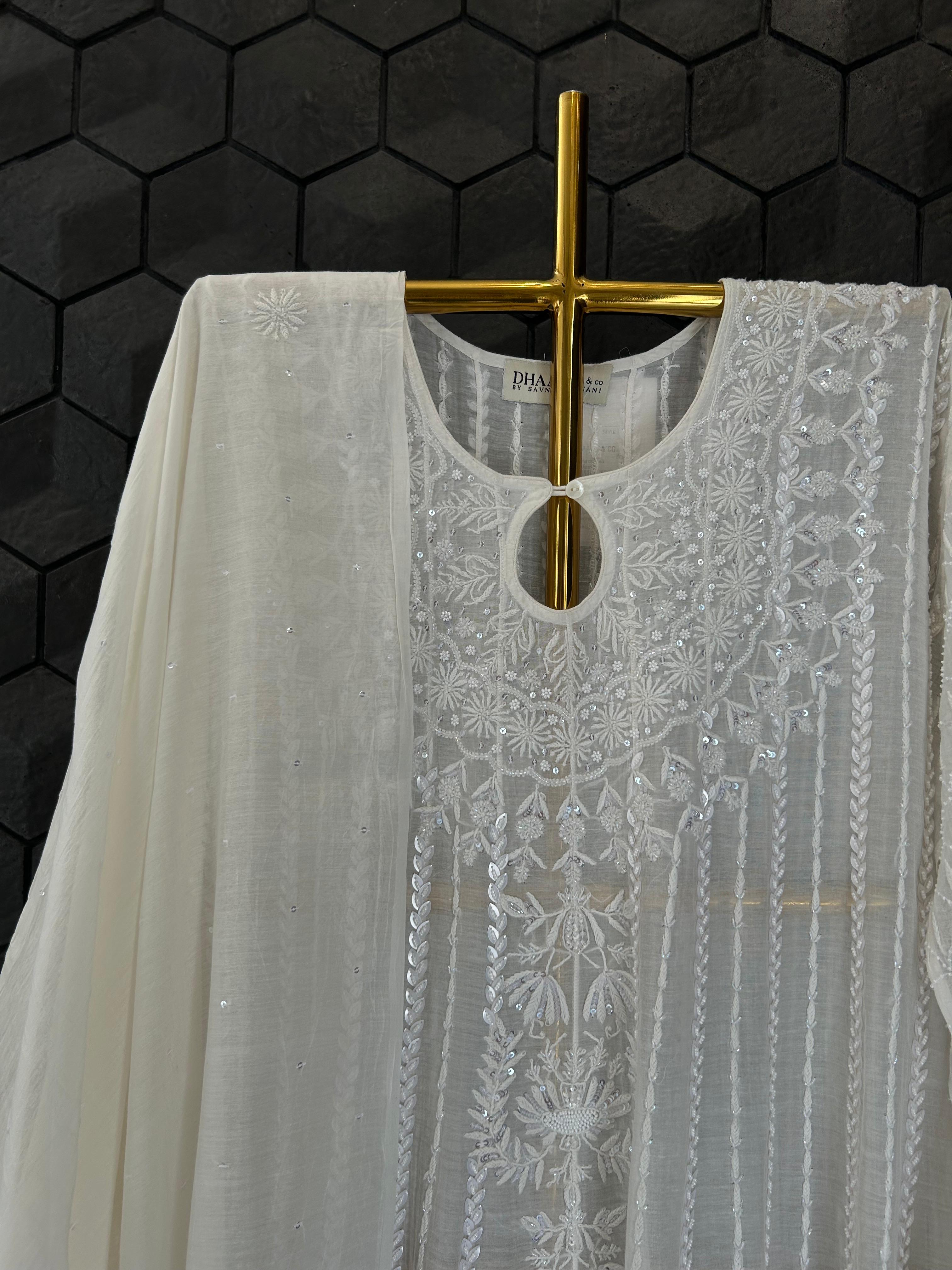 White Mul Chanderi Chikankari Anarakli Set