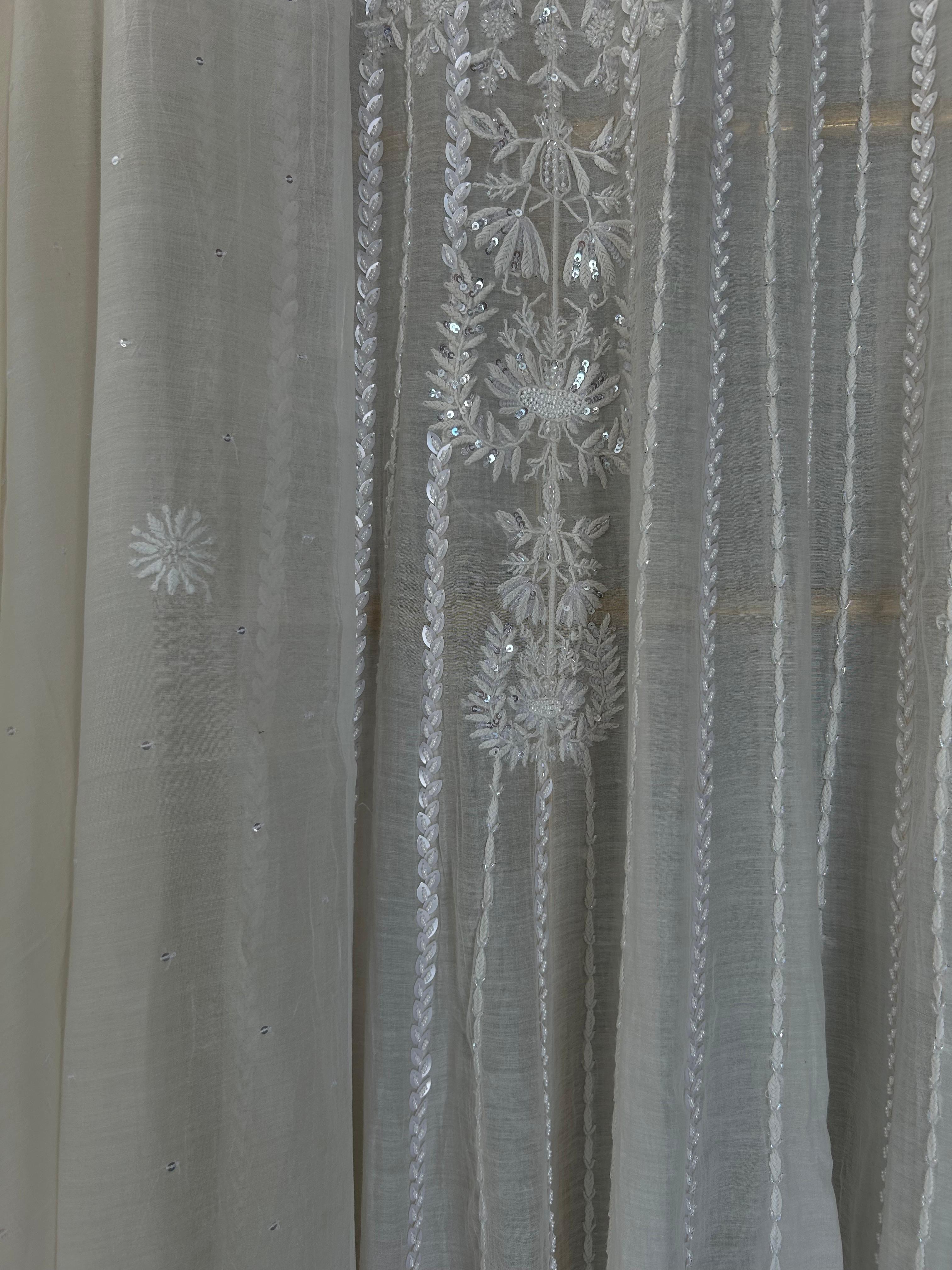 White Mul Chanderi Chikankari Anarakli Set