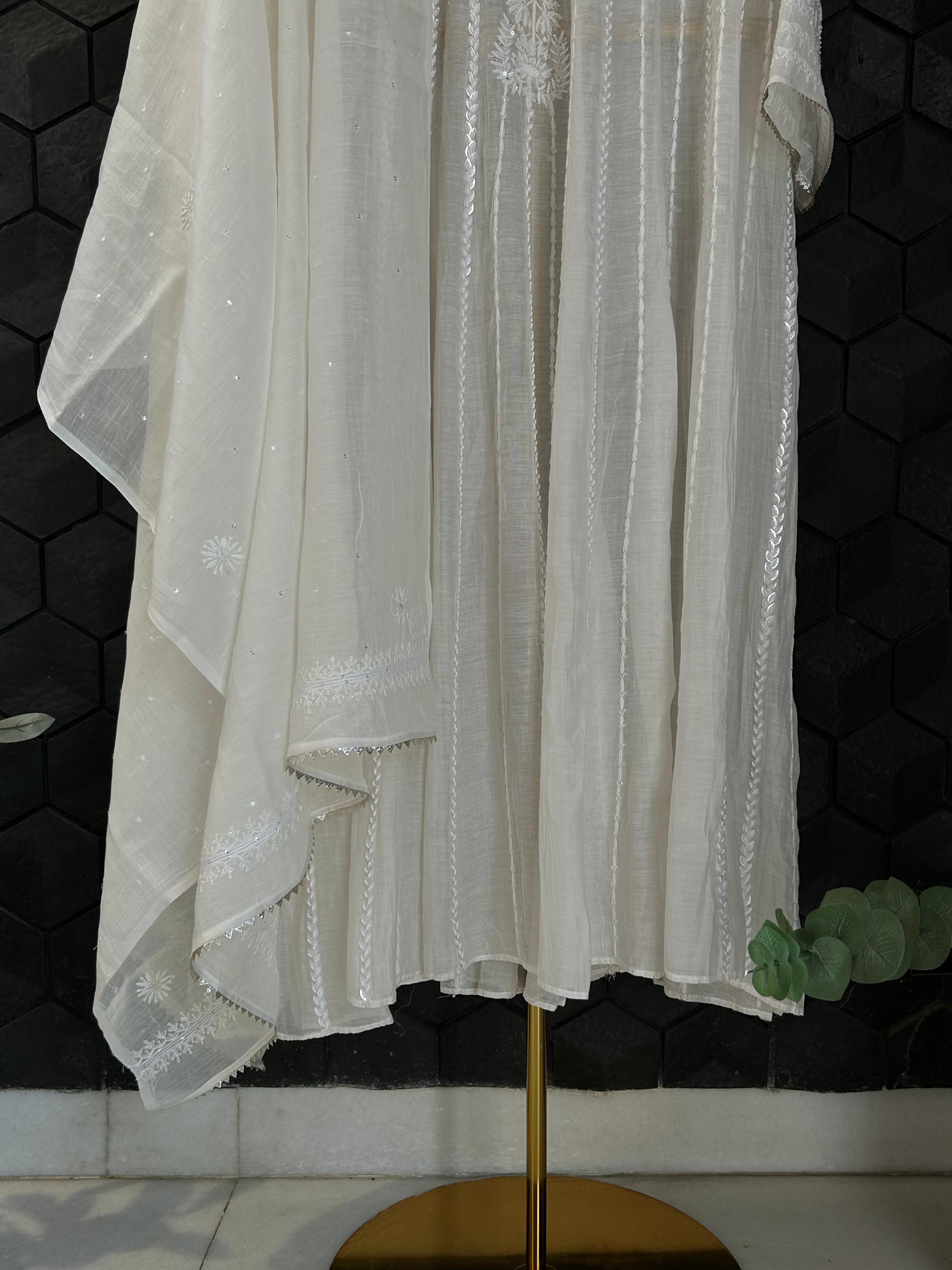 White Mul Chanderi Chikankari Anarakli Set