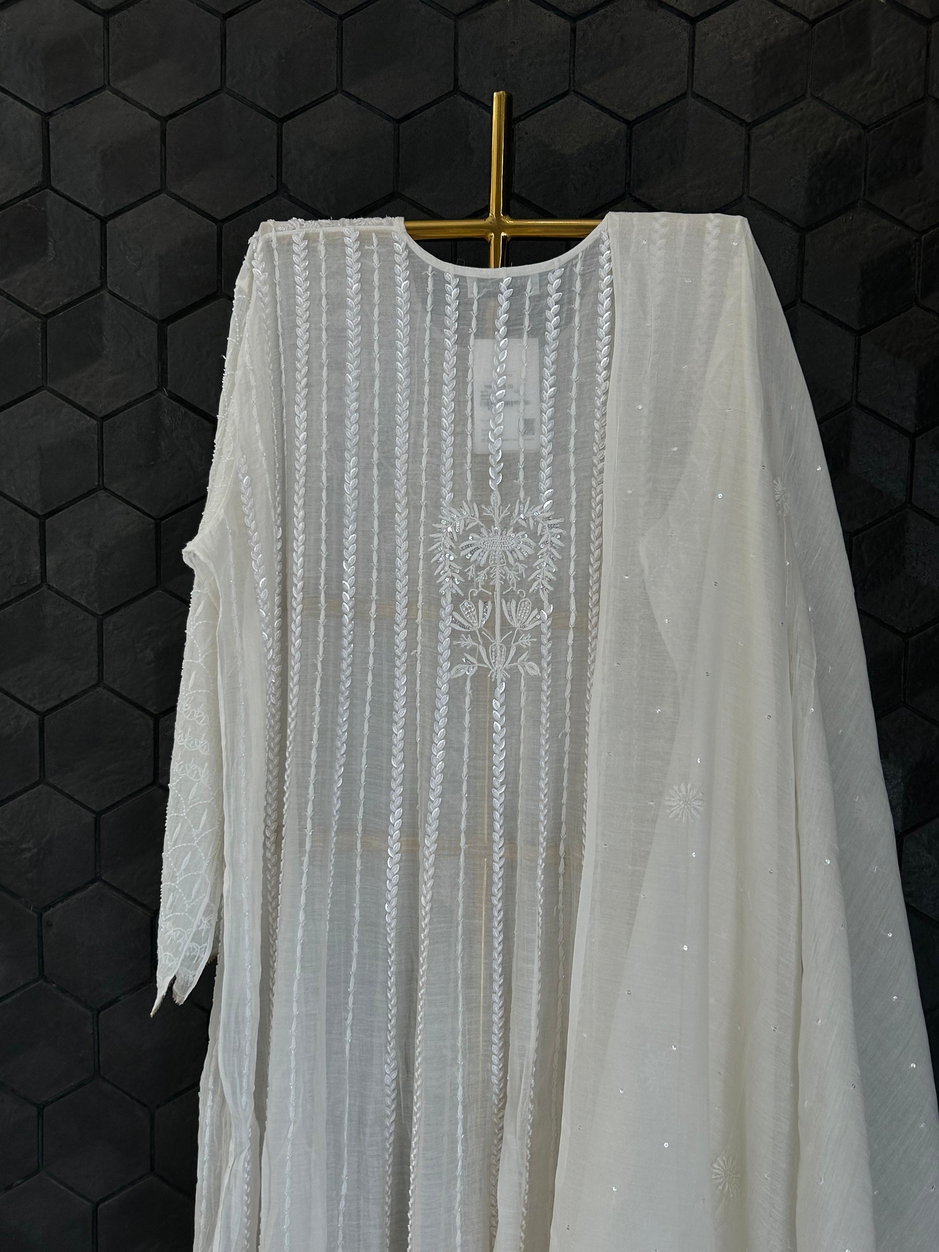 White Mul Chanderi Chikankari Anarakli Set