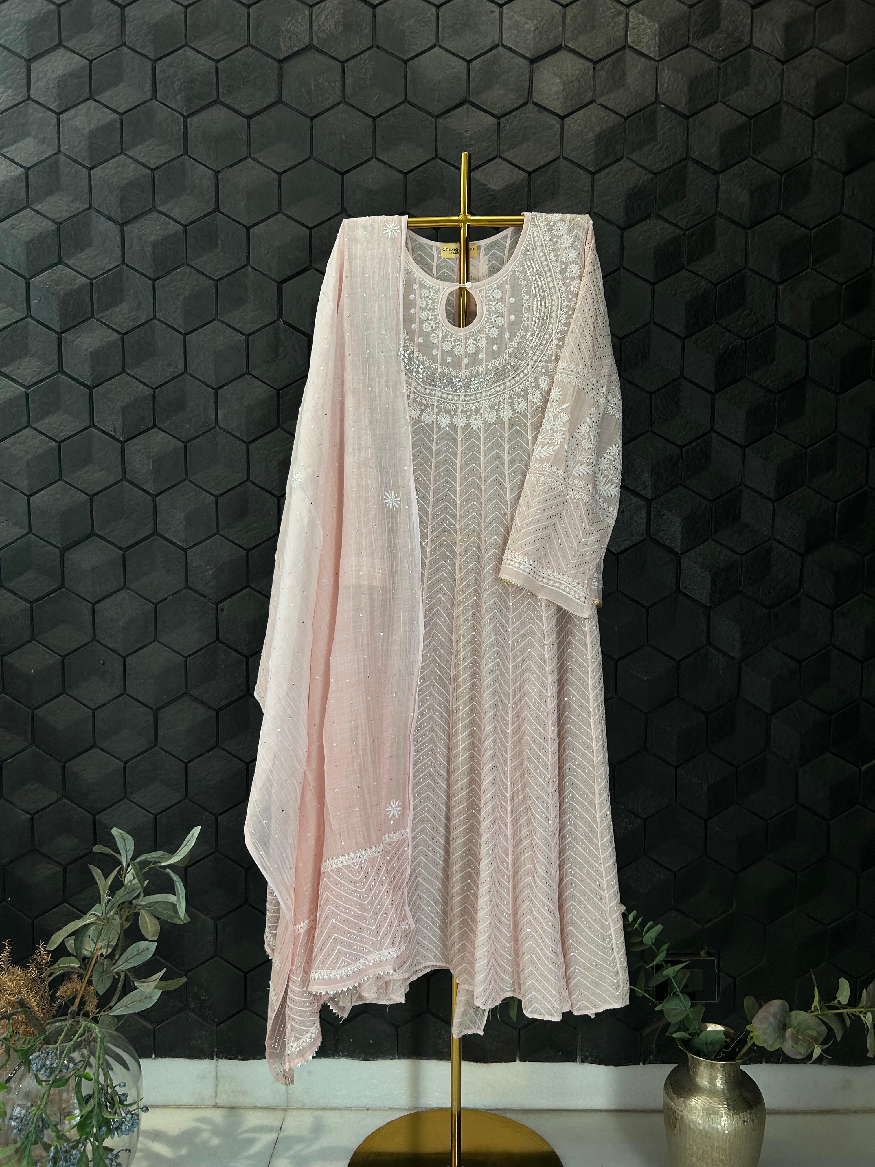 Pink mul chanderi chikankari Anarkali set