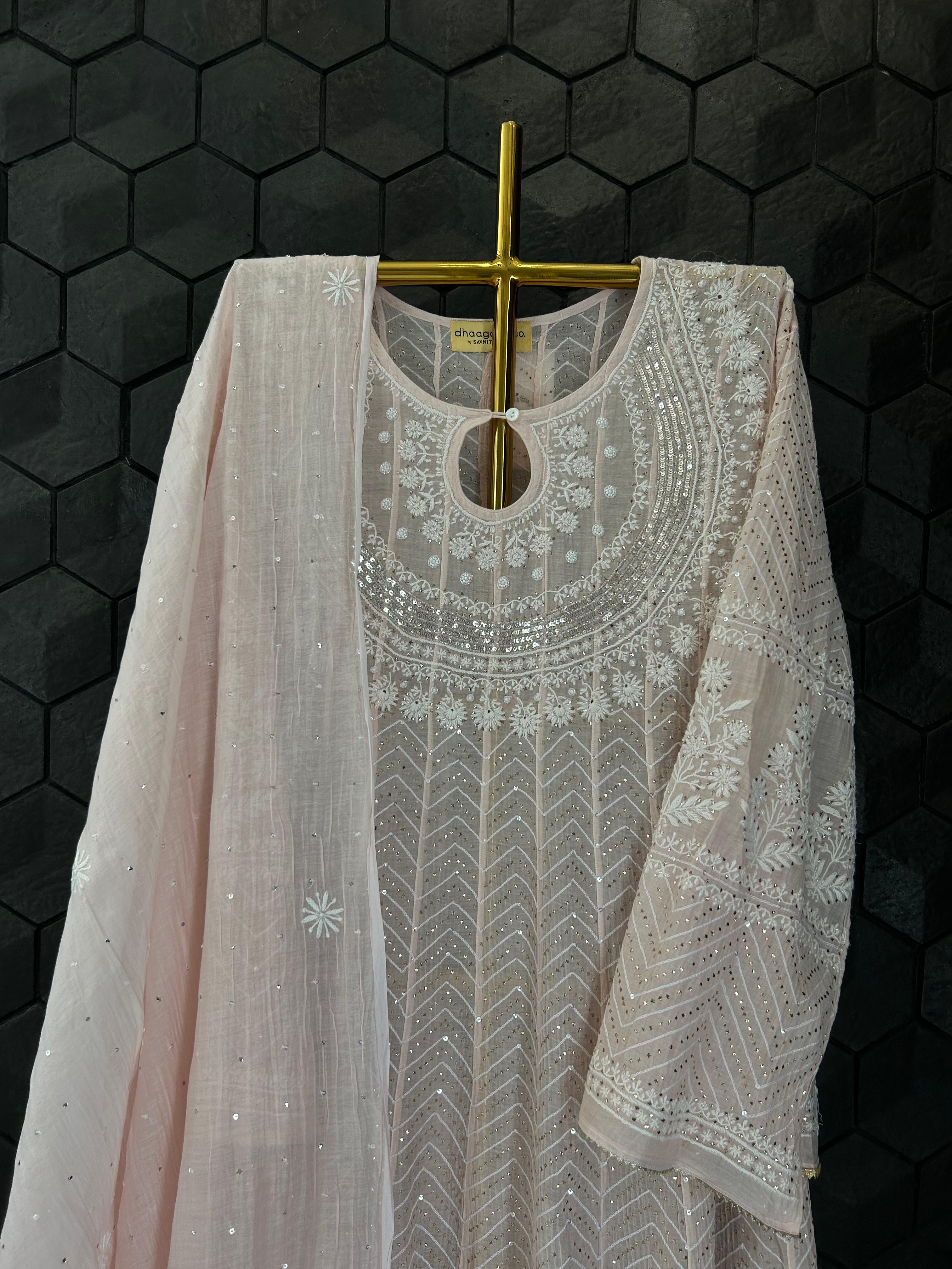 Pink mul chanderi chikankari Anarkali set