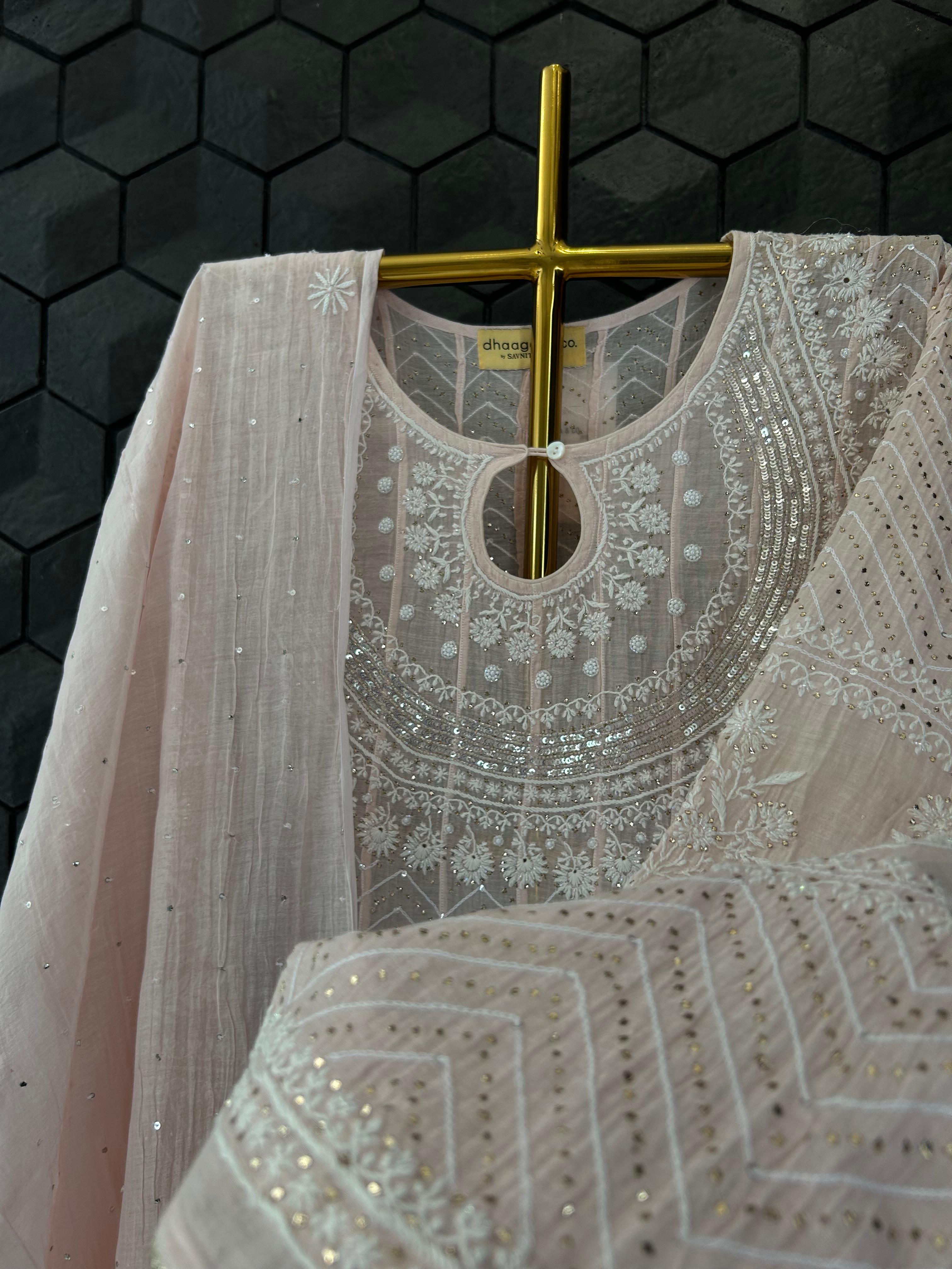 Pink mul chanderi chikankari Anarkali set