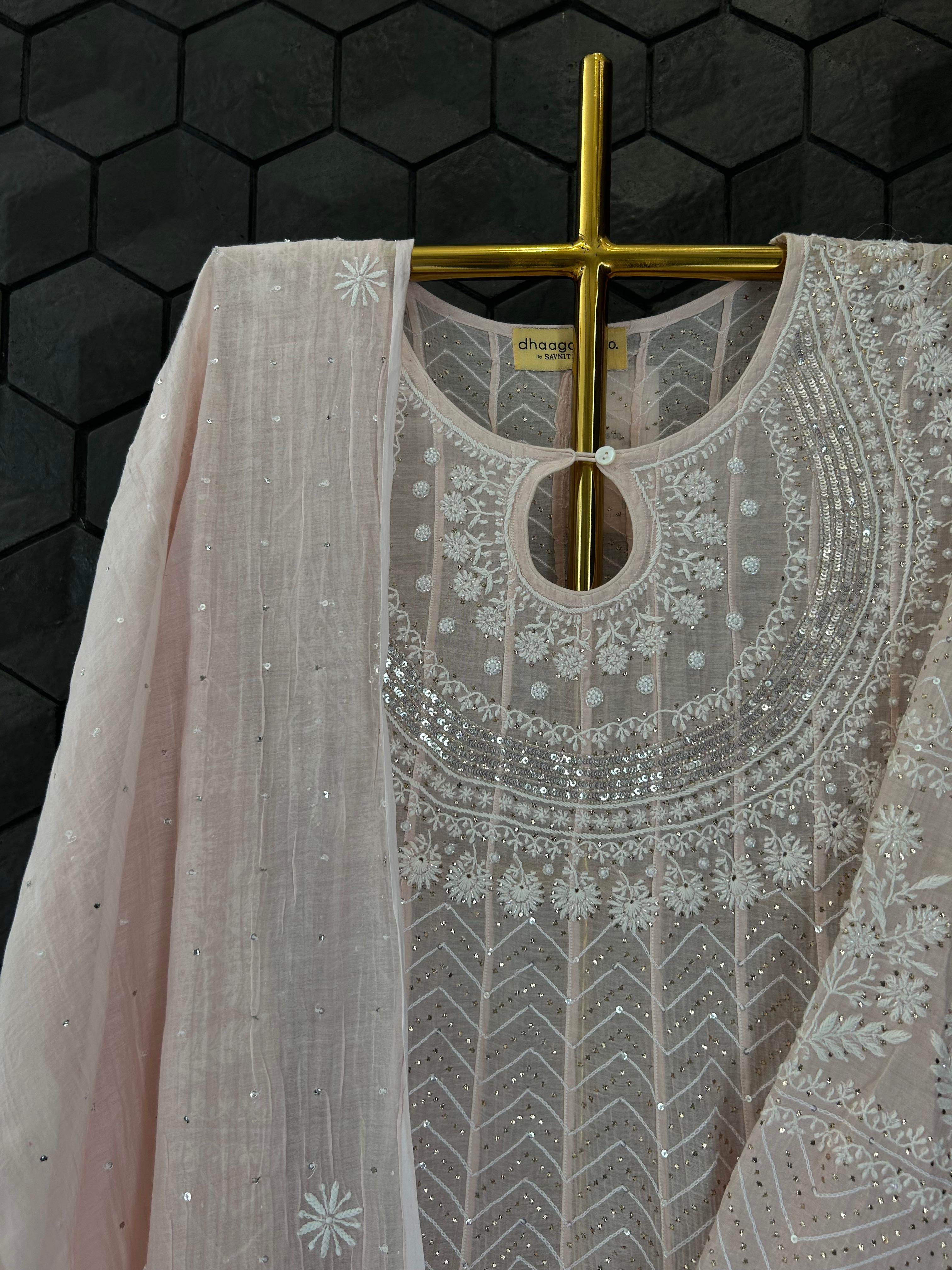 Pink mul chanderi chikankari Anarkali set