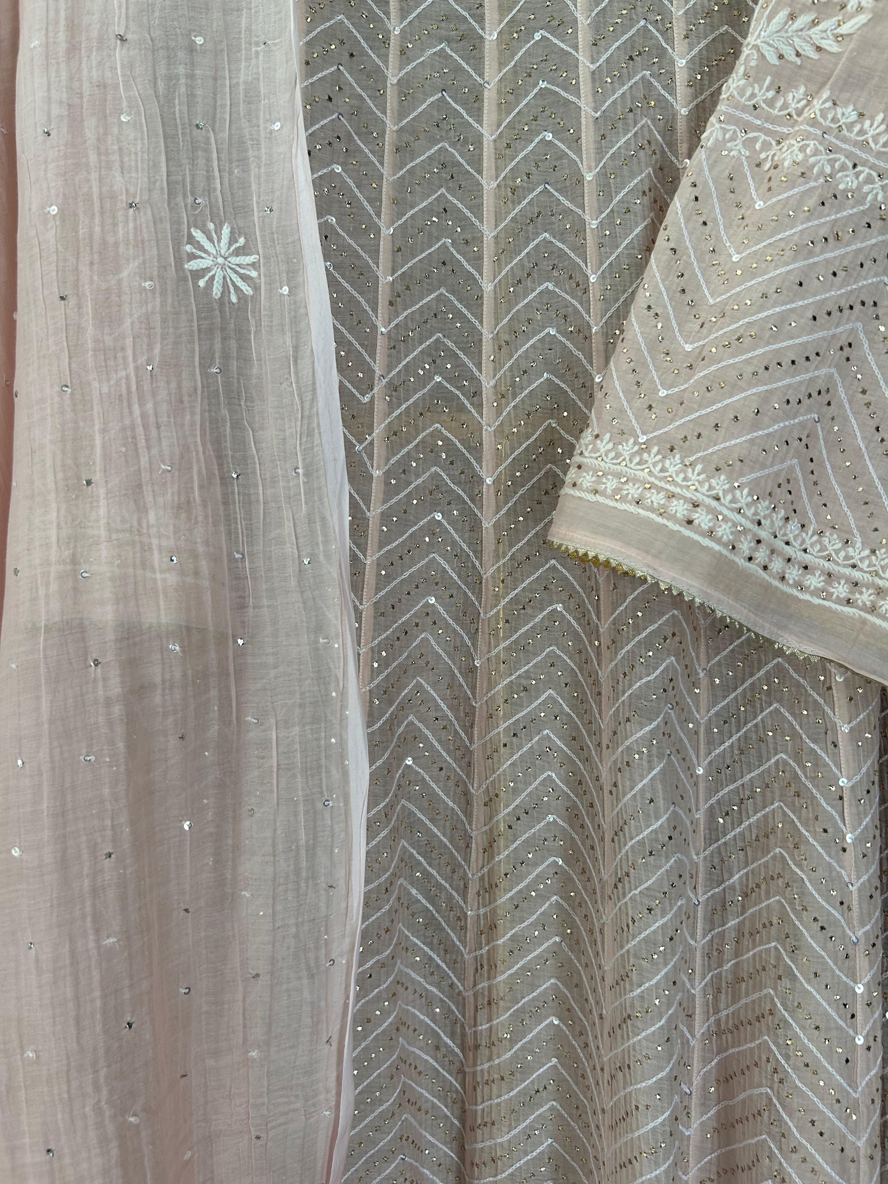 Pink mul chanderi chikankari Anarkali set