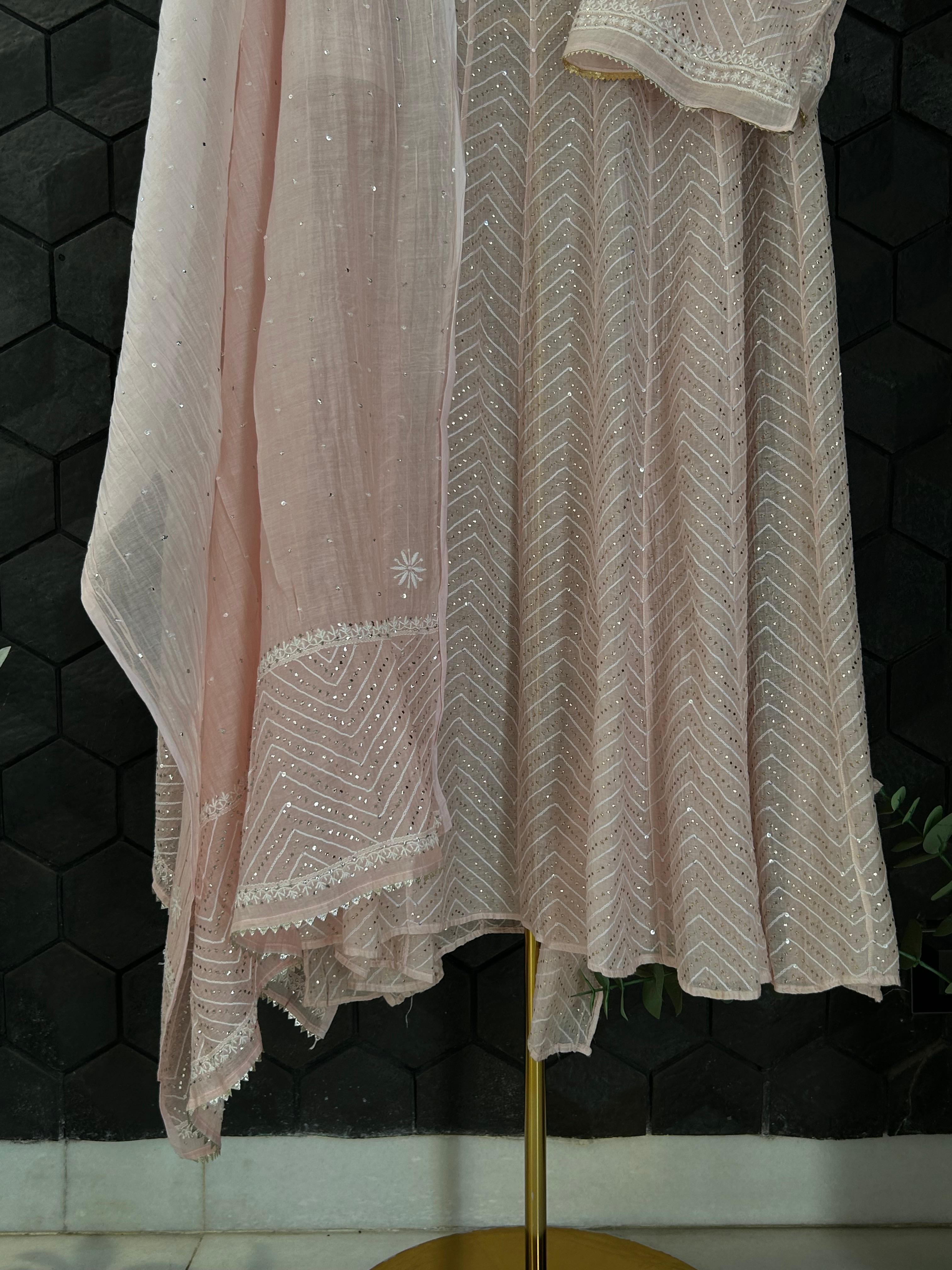 Pink mul chanderi chikankari Anarkali set