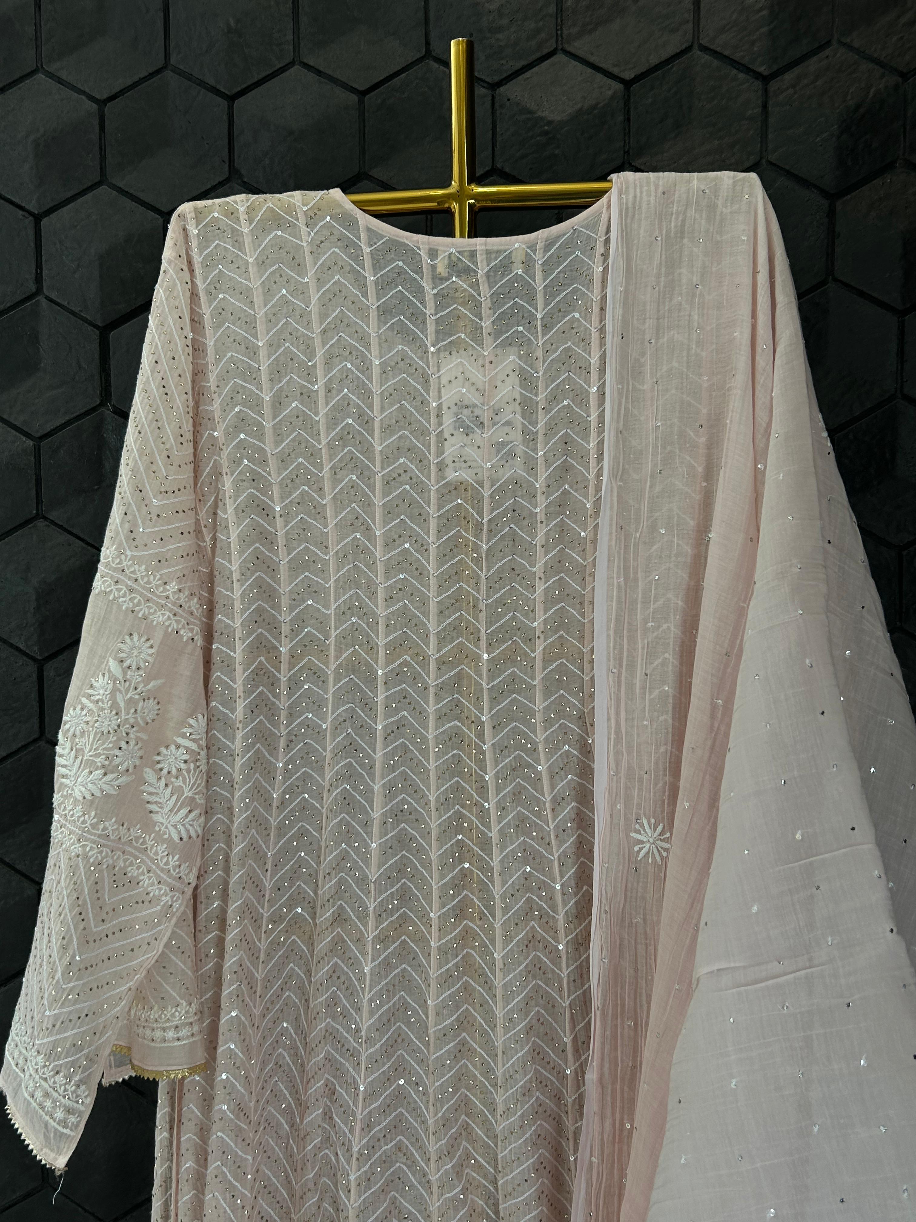 Pink mul chanderi chikankari Anarkali set