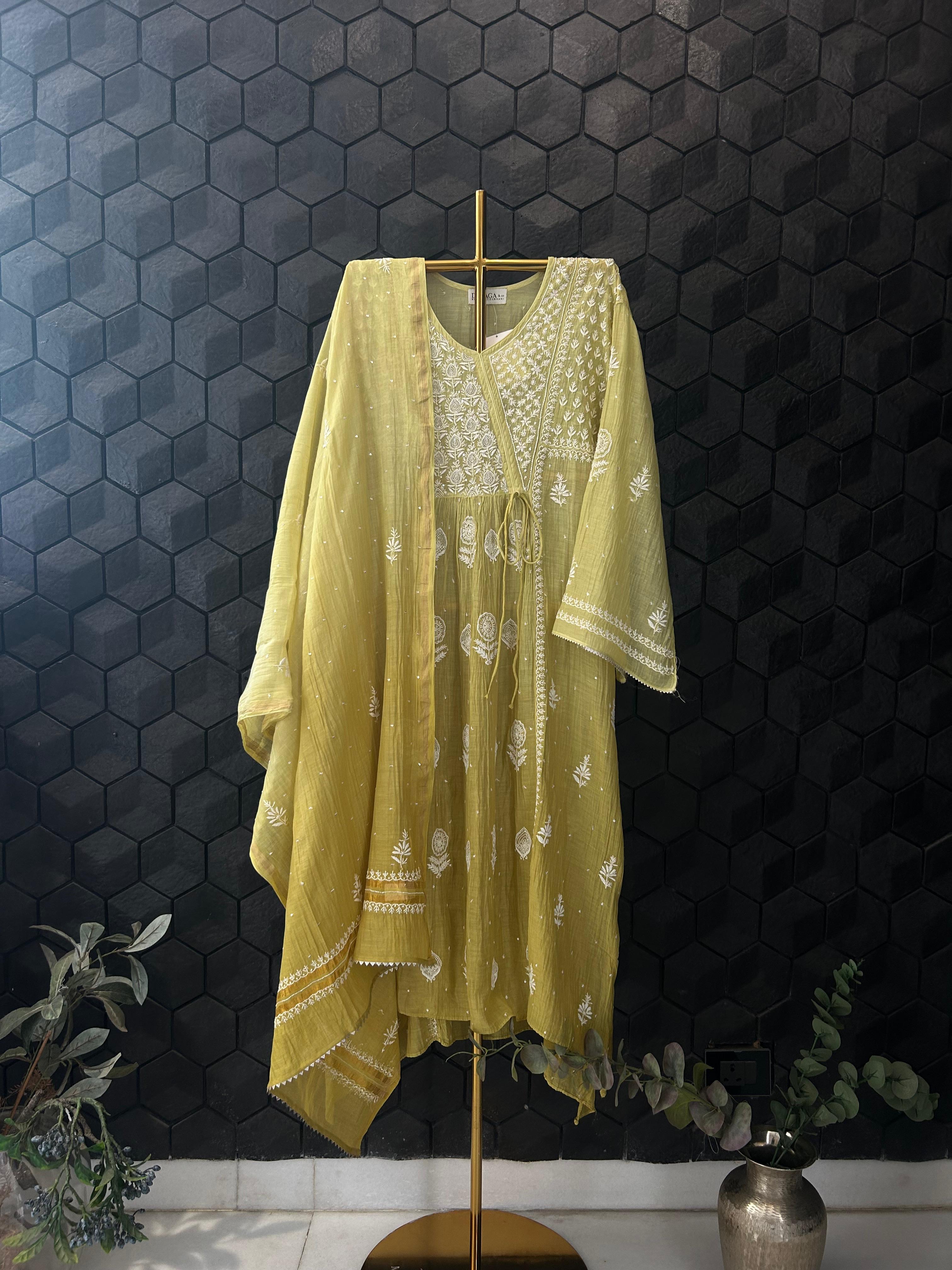 Lime Green Mul Chanderi Chikankari Angarkha Kurta Set