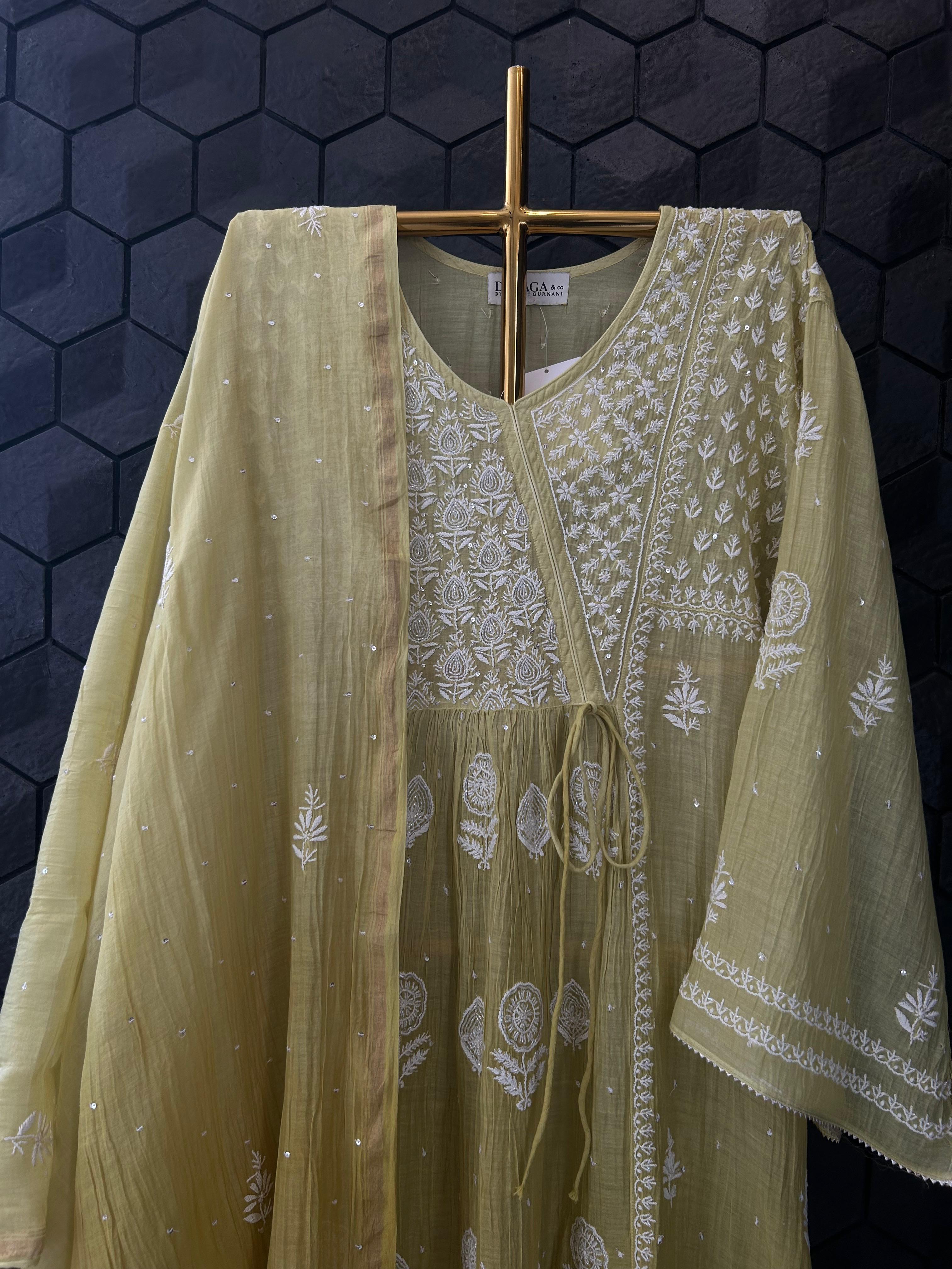 Lime Green Mul Chanderi Chikankari Angarkha Kurta Set