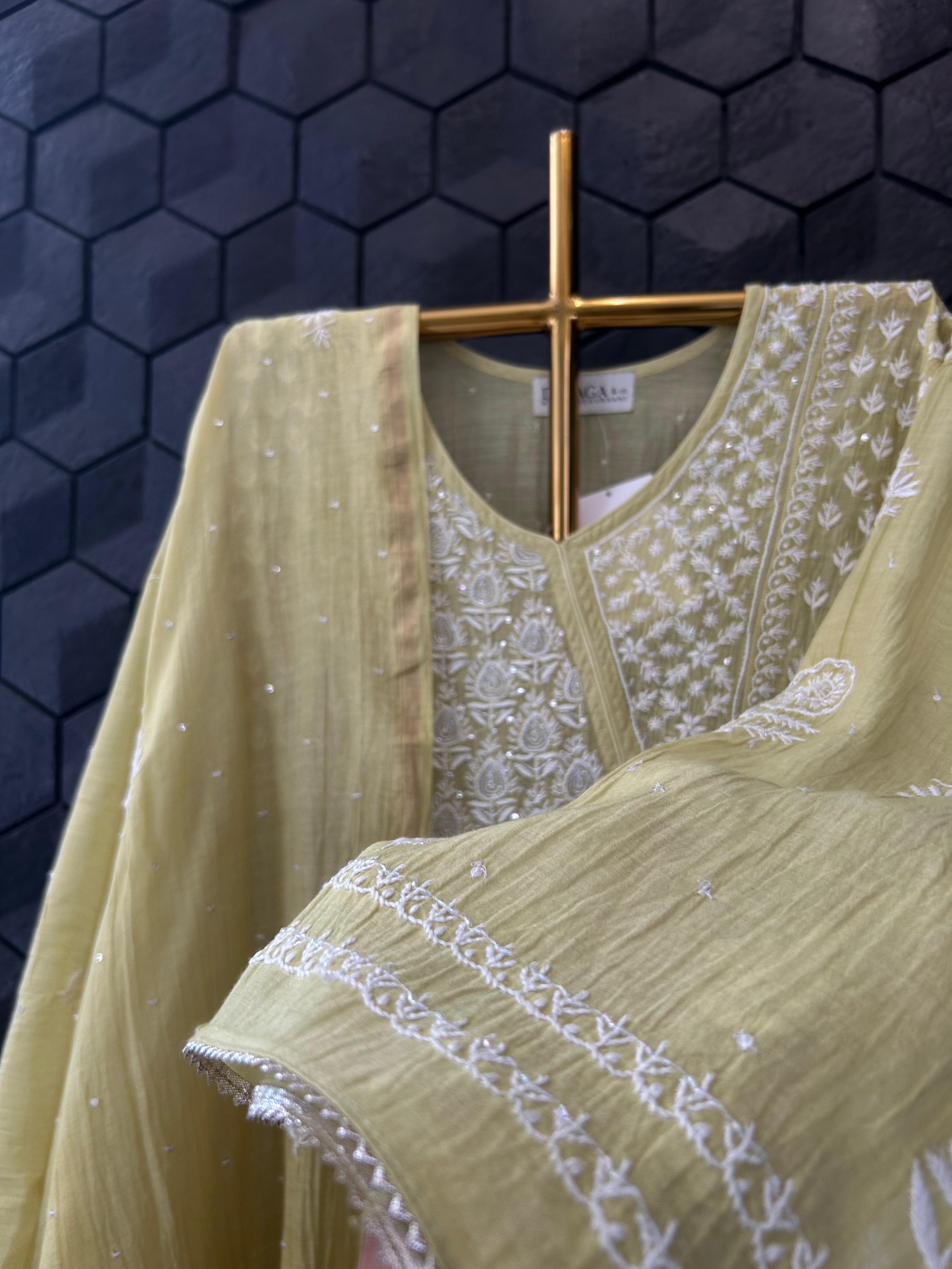 Lime Green Mul Chanderi Chikankari Angarkha Kurta Set