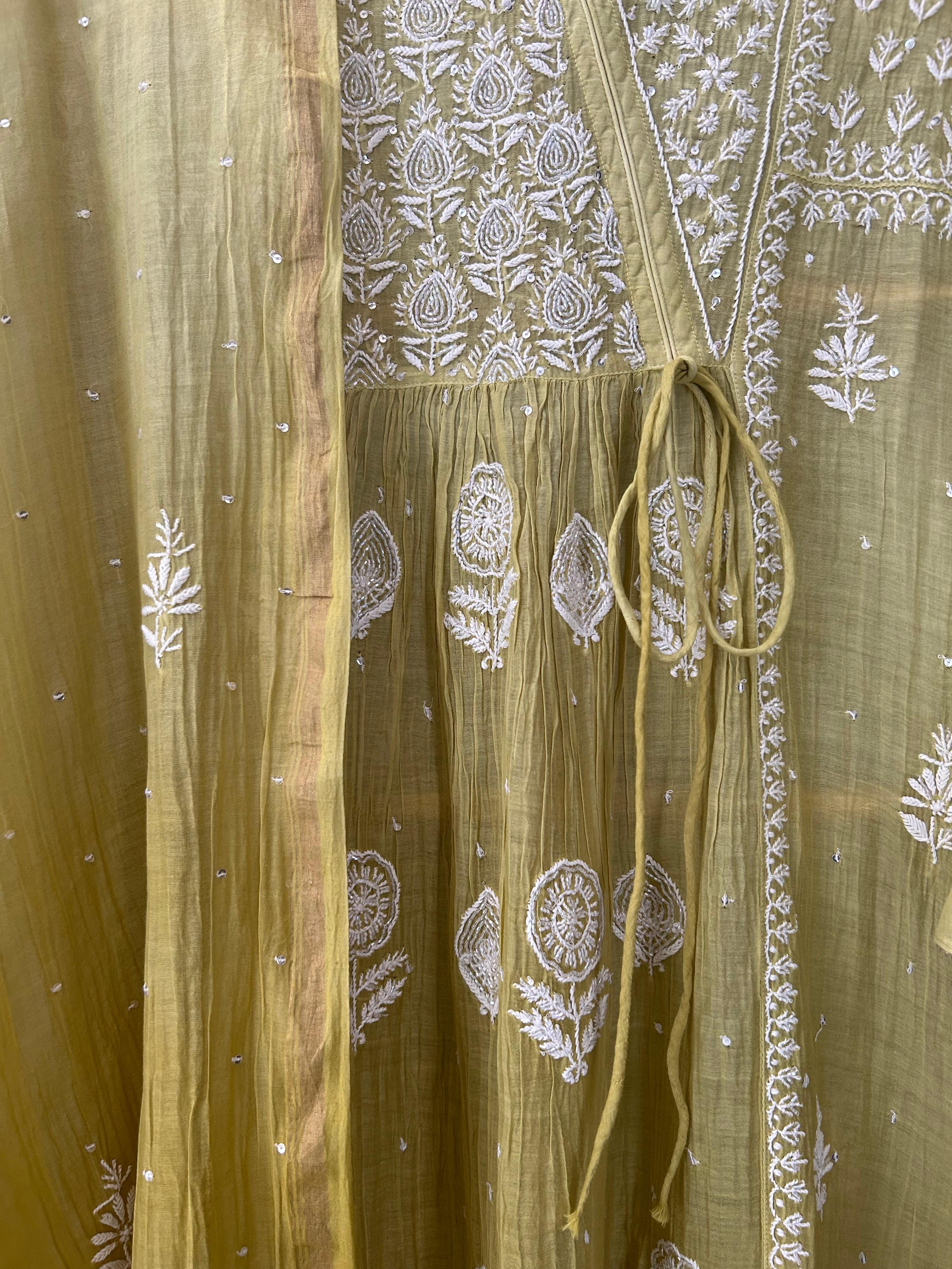 Lime Green Mul Chanderi Chikankari Angarkha Kurta Set