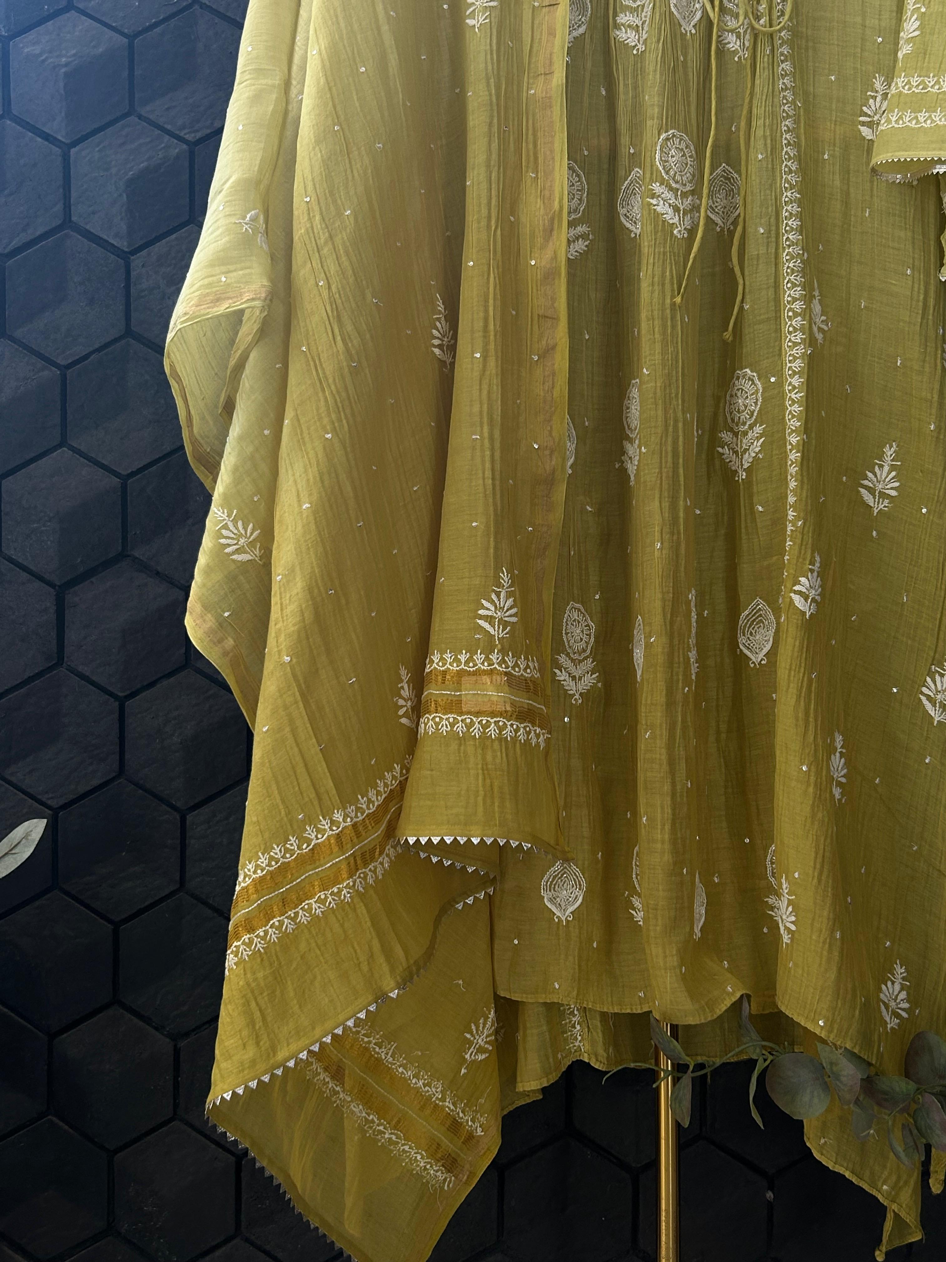 Lime Green Mul Chanderi Chikankari Angarkha Kurta Set