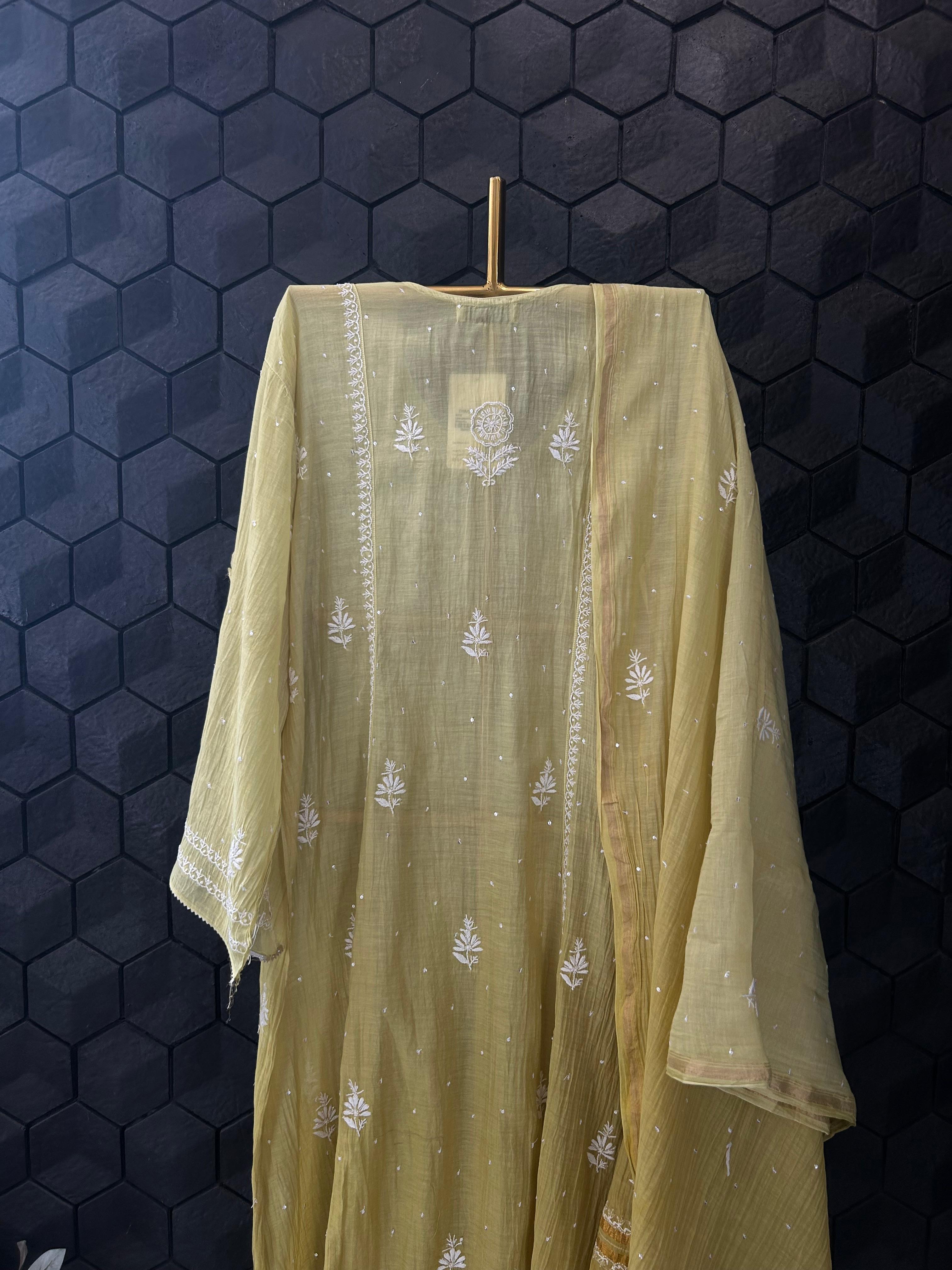 Lime Green Mul Chanderi Chikankari Angarkha Kurta Set