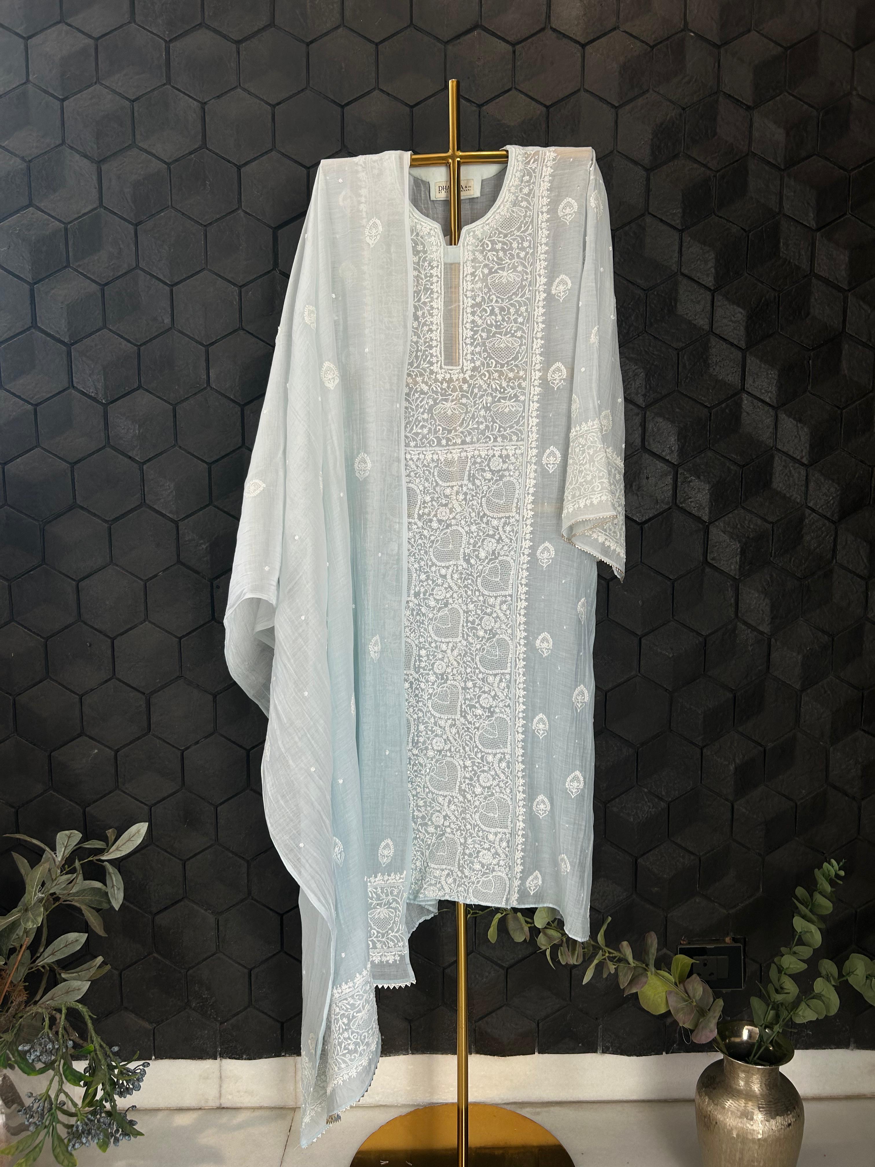 Sky Blue Mul Chanderi Chikankari Kurta Set