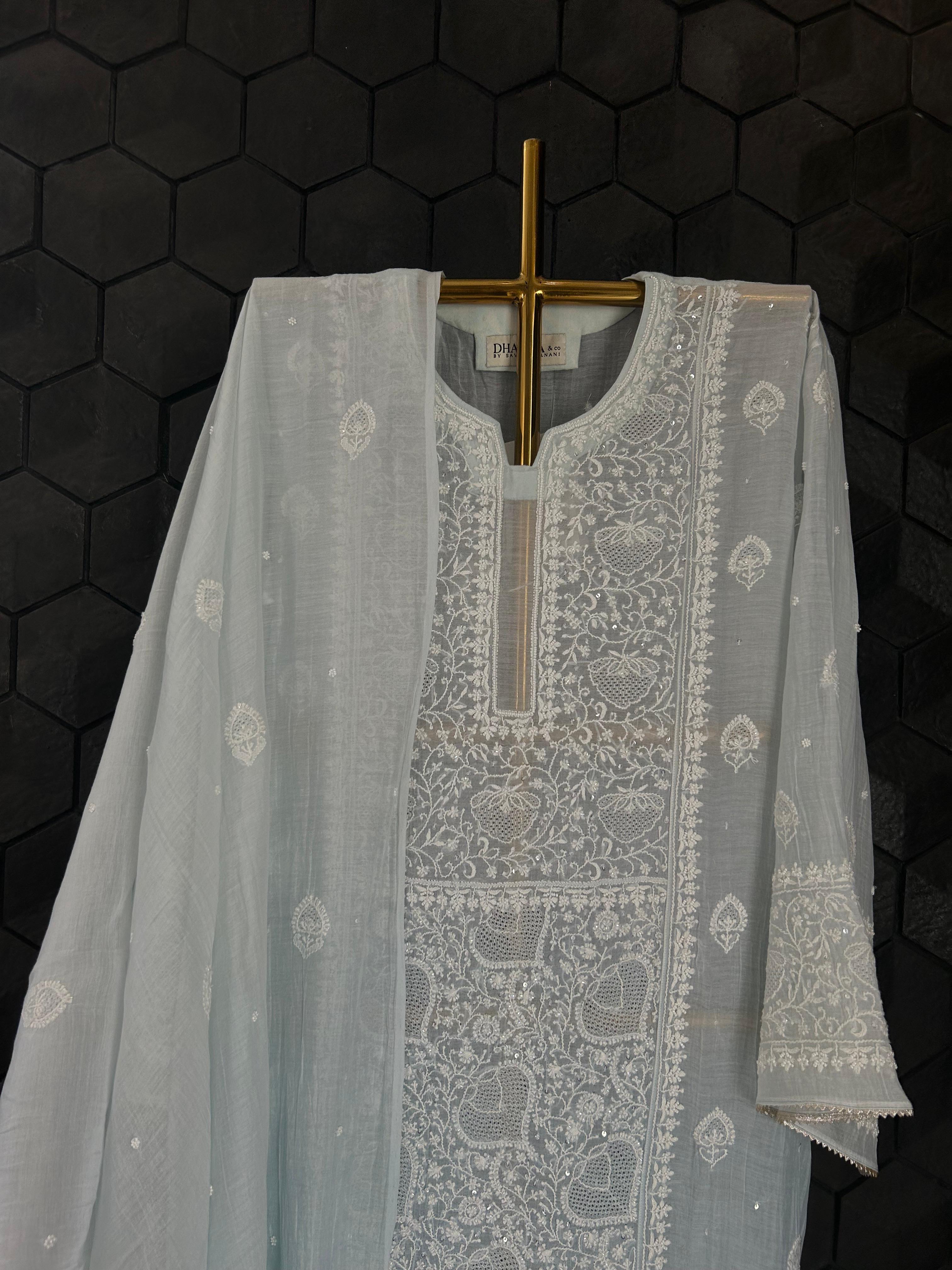 Sky Blue Mul Chanderi Chikankari Kurta Set