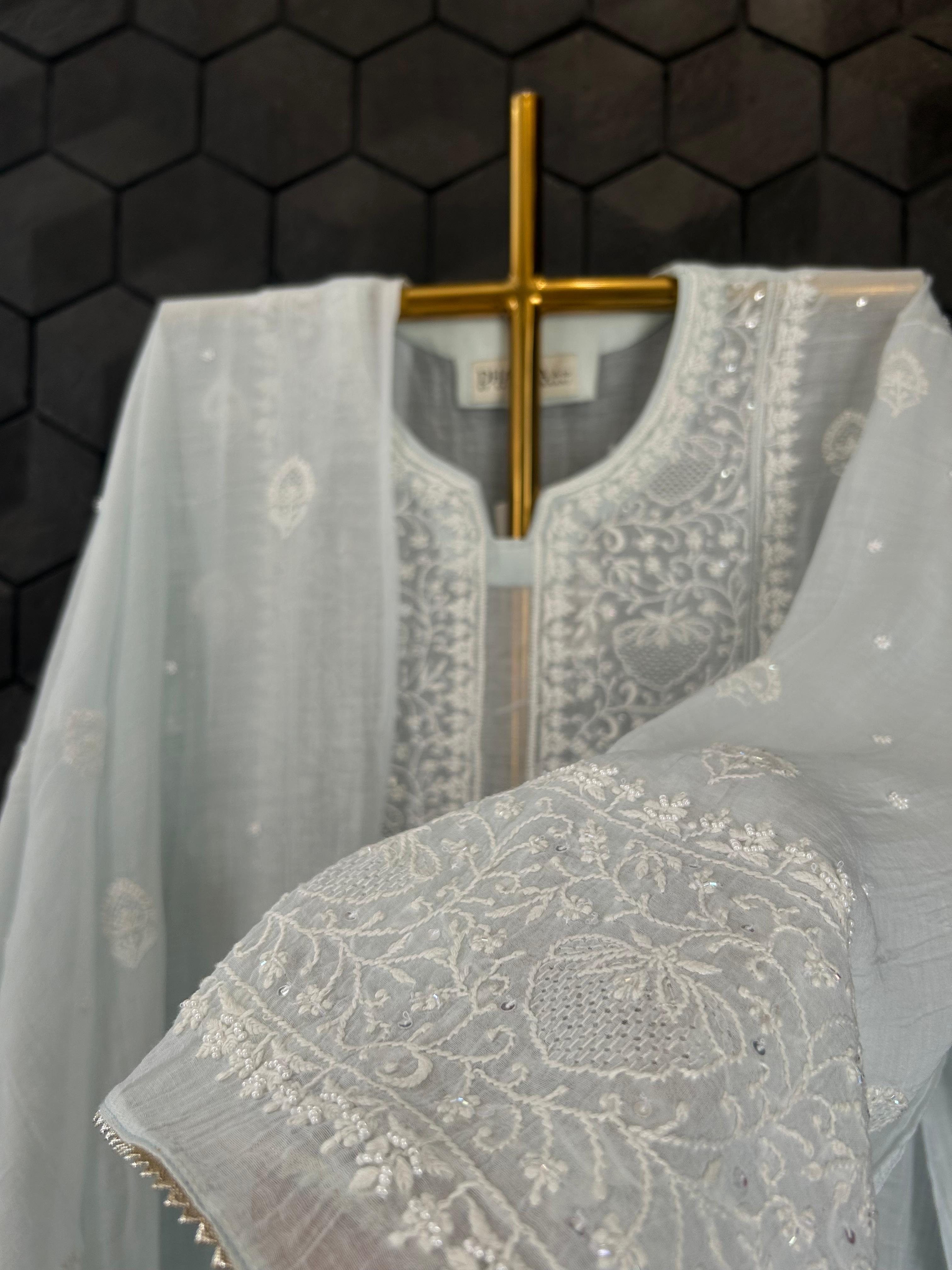 Sky Blue Mul Chanderi Chikankari Kurta Set